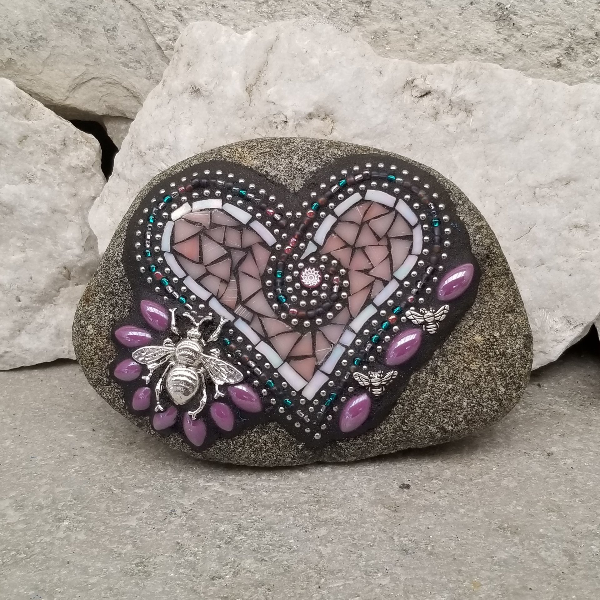 Pink Bee Heart, Mosaic Paperweight / Garden Stone