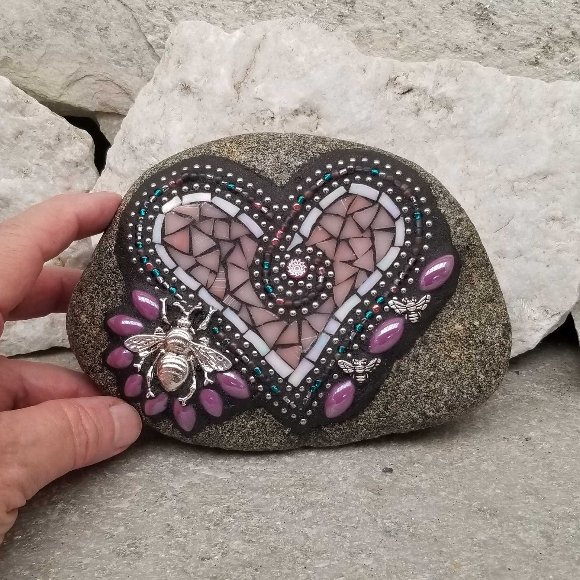 Pink Bee Heart, Mosaic Paperweight / Garden Stone