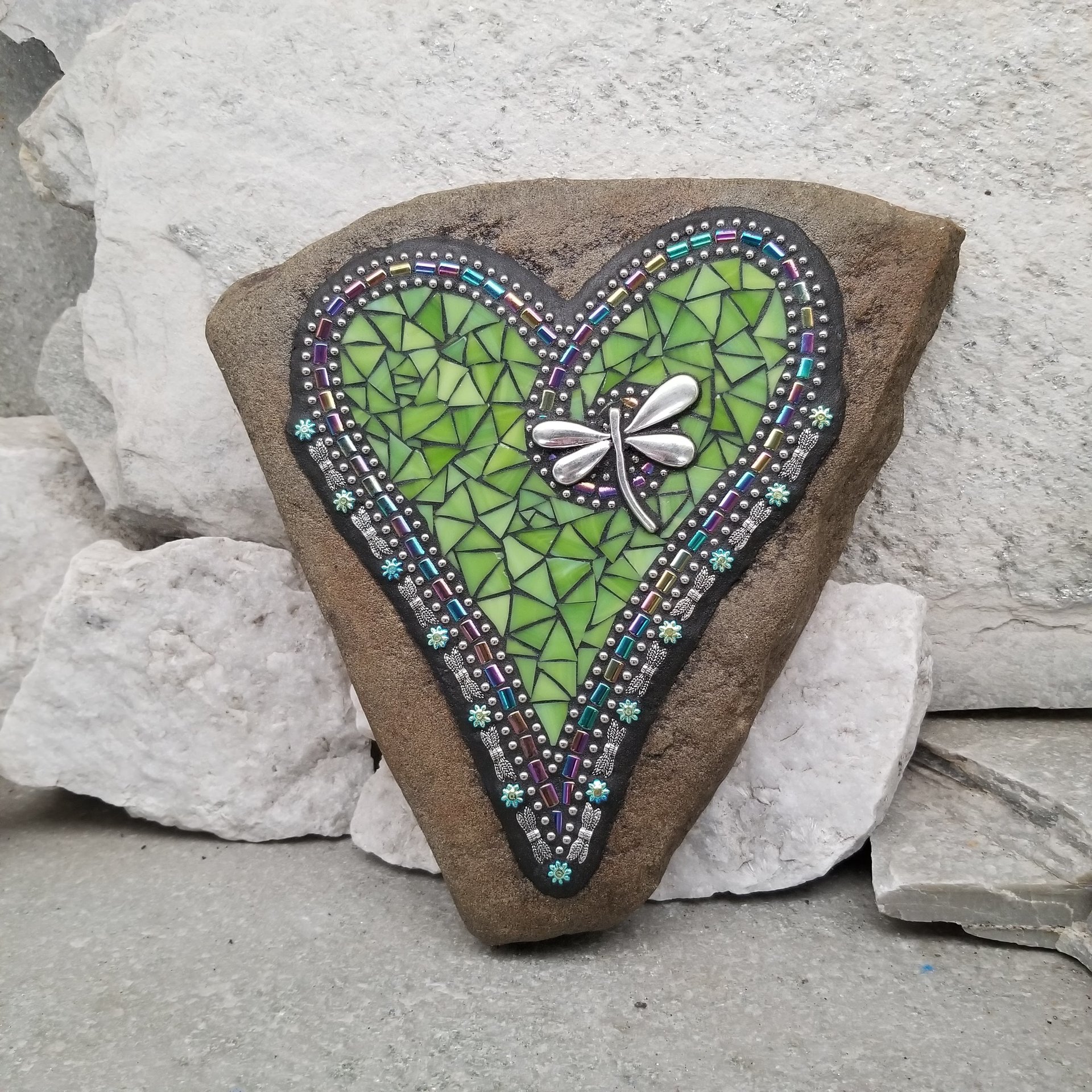 Lime Green Heart with Dragonfly, Garden Stone, Mosaic, Garden Decor