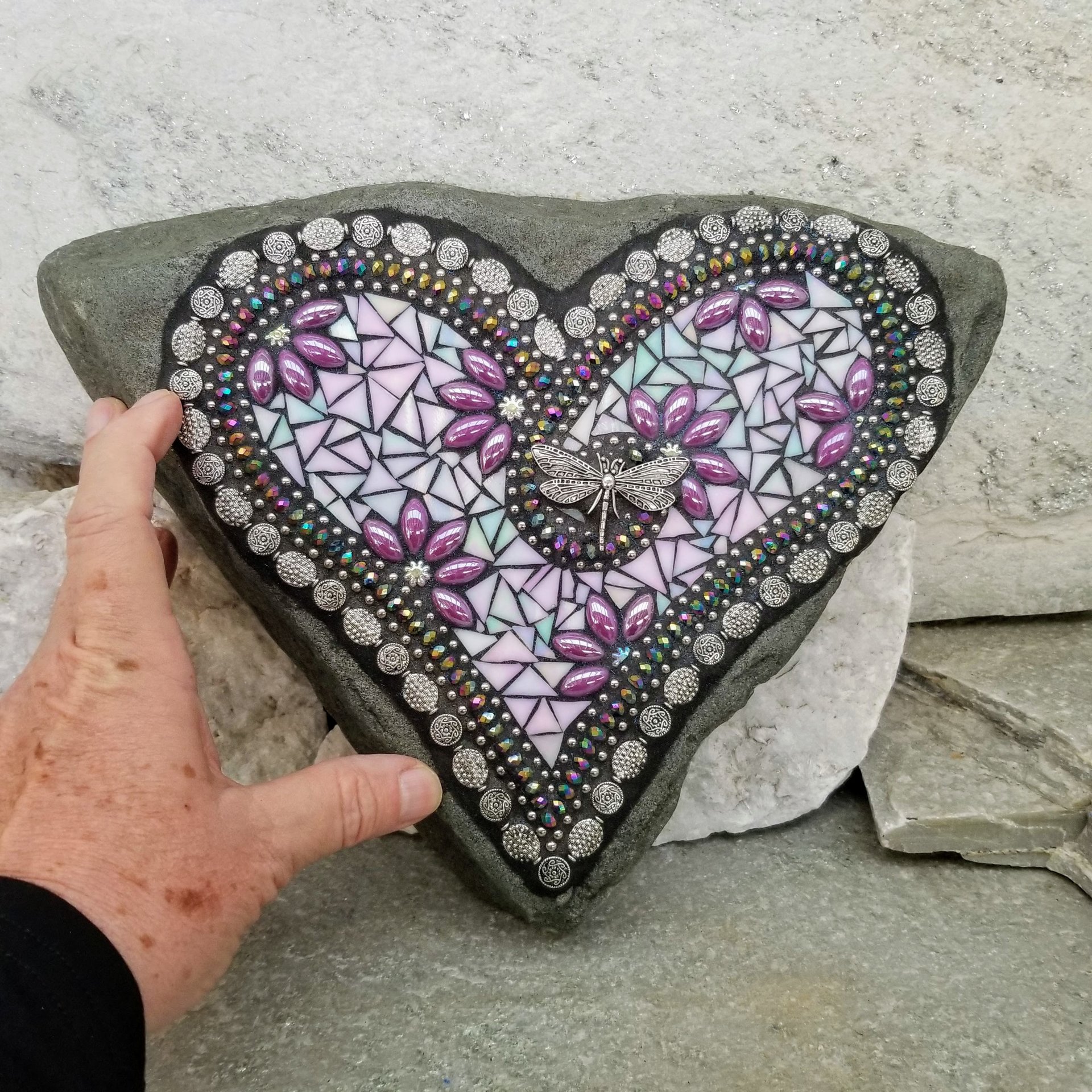 Iridescent Lavender Heart with Dragonfly Mosaic Garden Stone, Garden Decor