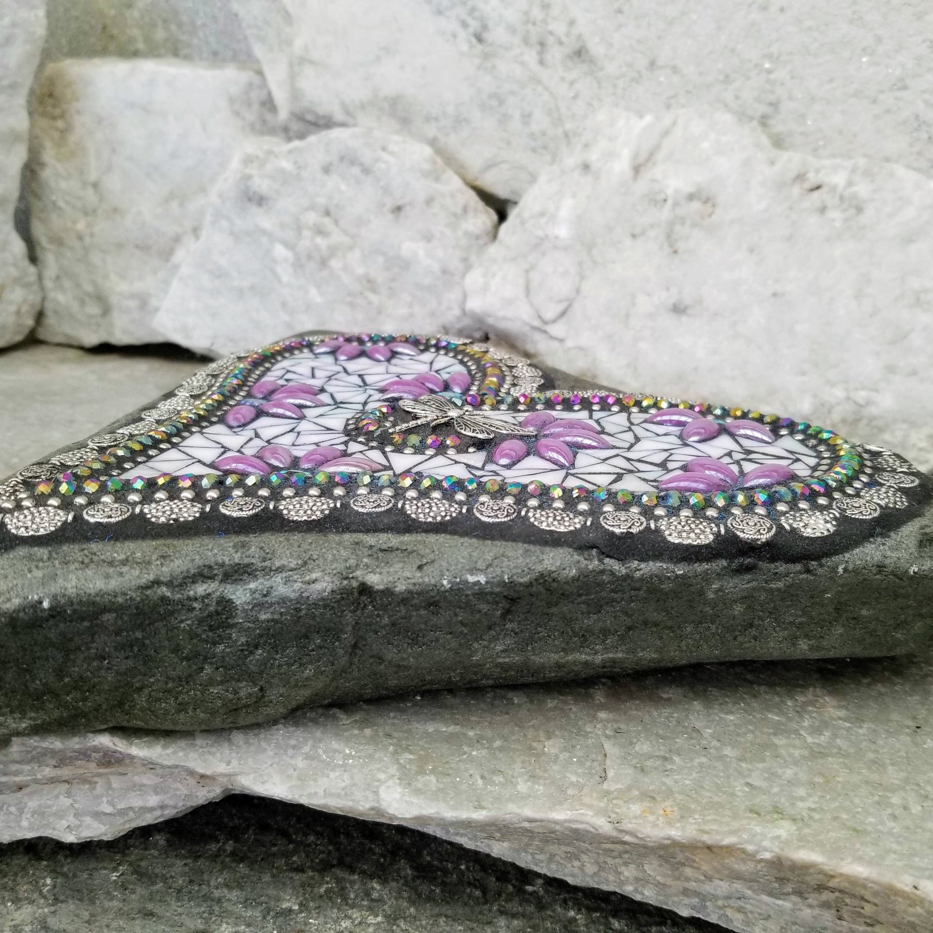 Iridescent Lavender Heart with Dragonfly Mosaic Garden Stone, Garden Decor