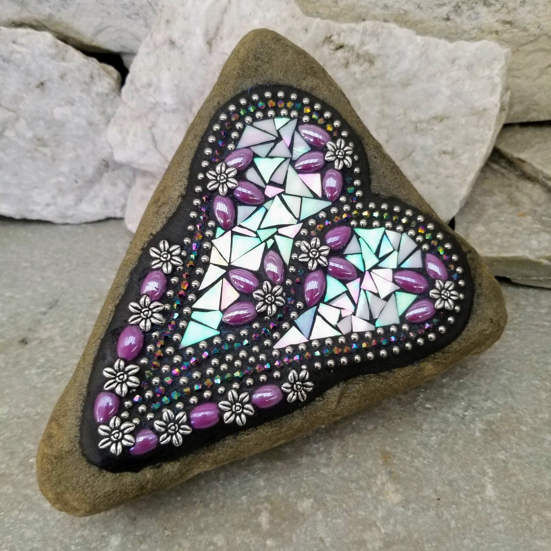 Iridescent Lavender Heart Garden Stone, Mosaic, Garden Decor