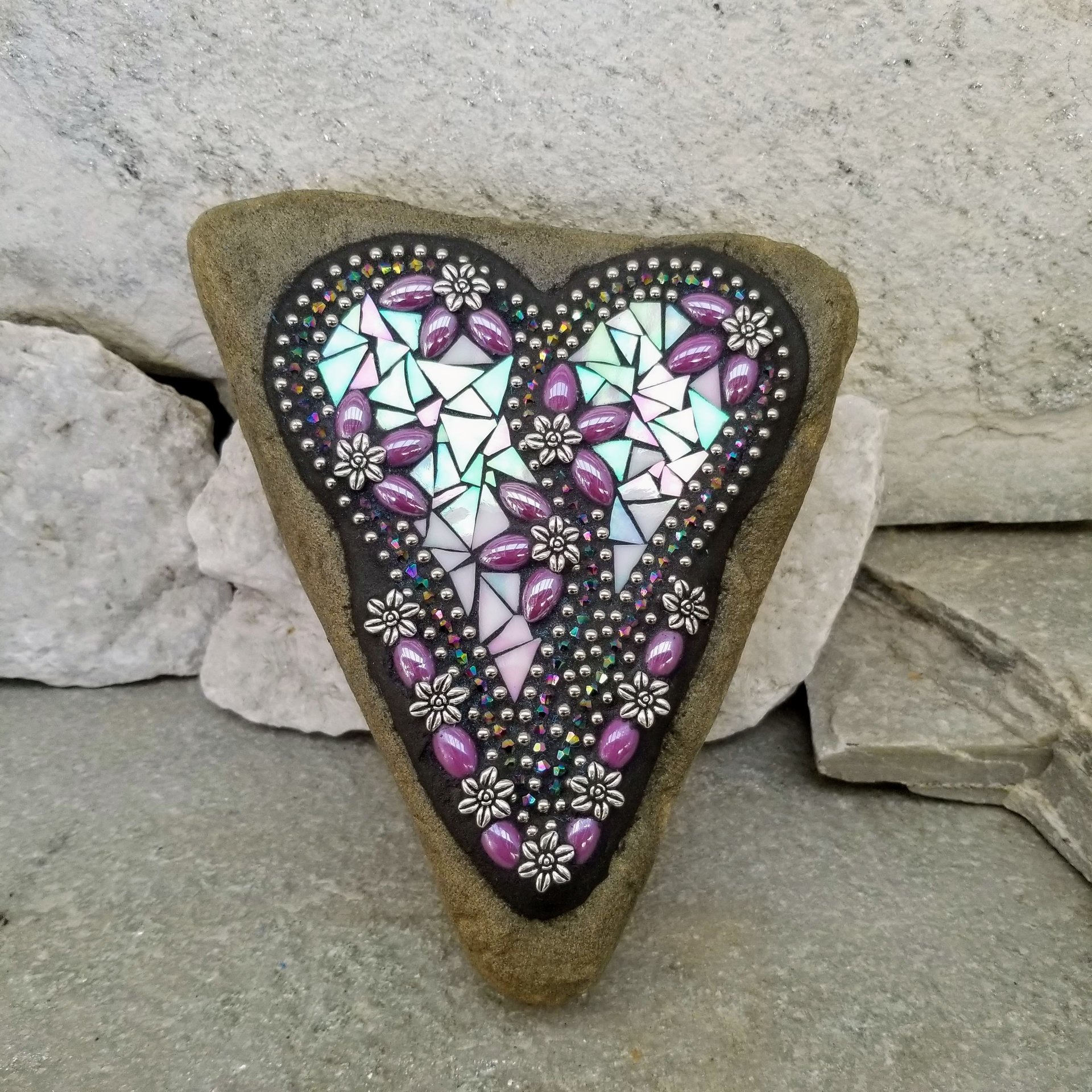 Iridescent Lavender Heart Garden Stone, Mosaic, Garden Decor