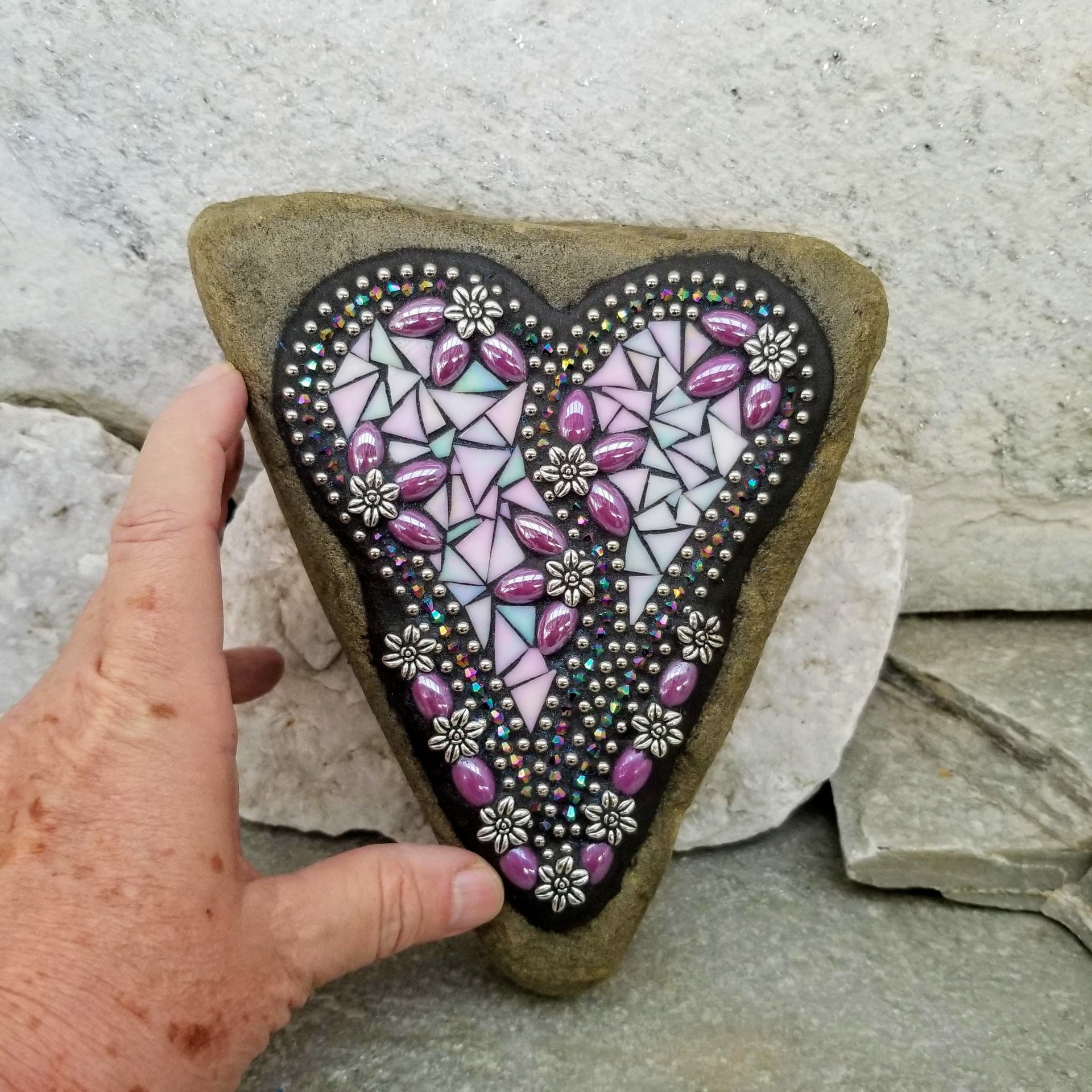 Iridescent Lavender Heart Garden Stone, Mosaic, Garden Decor