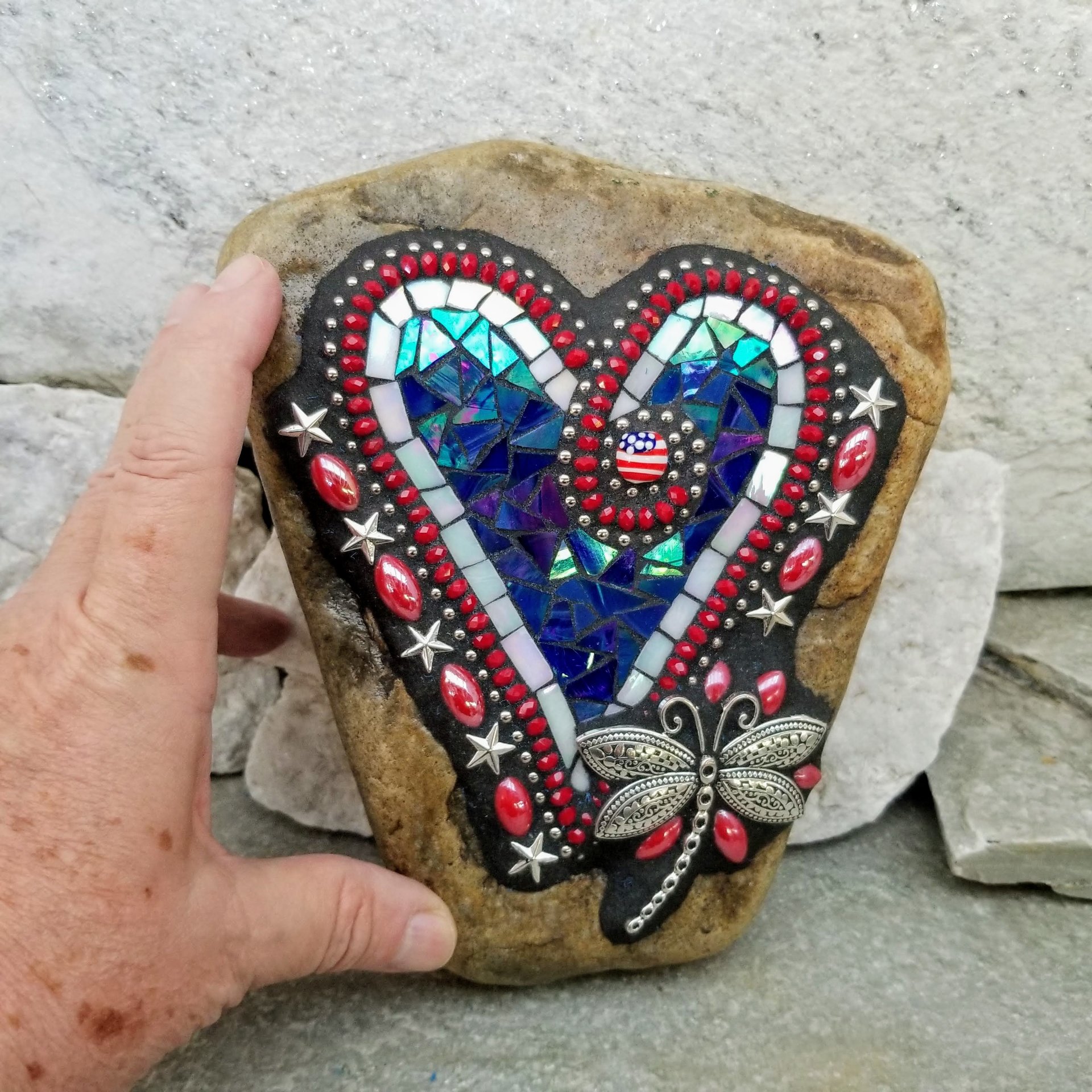 Americana Heart -Mosaic / Garden Stone, Dragonfly