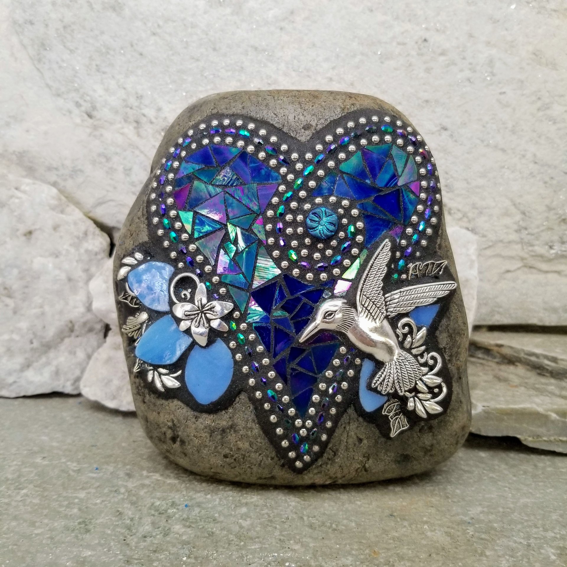 Iridescent Blue Heart,  Mosaic  Garden Stone, Hummingbird