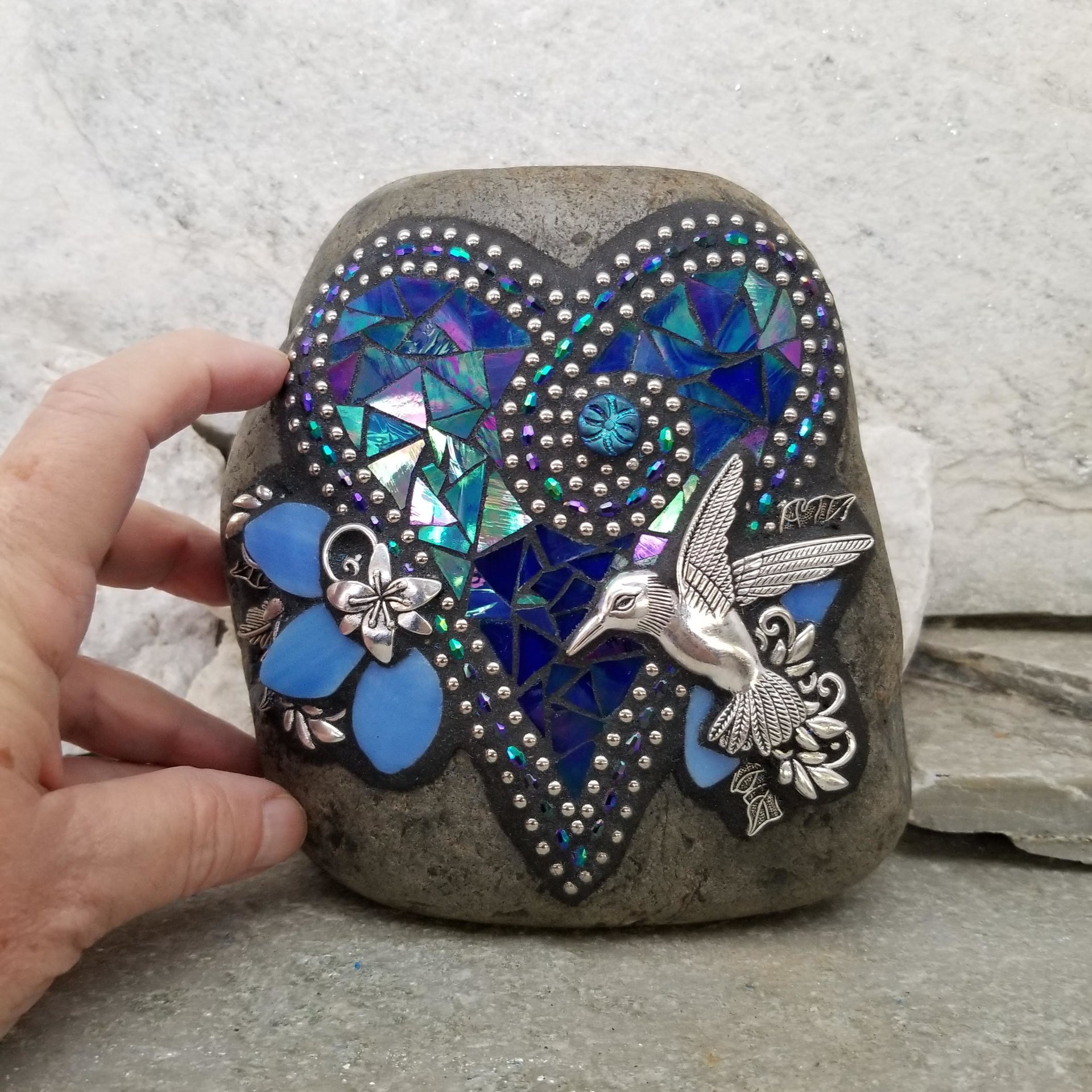 Iridescent Blue Heart,  Mosaic  Garden Stone, Hummingbird