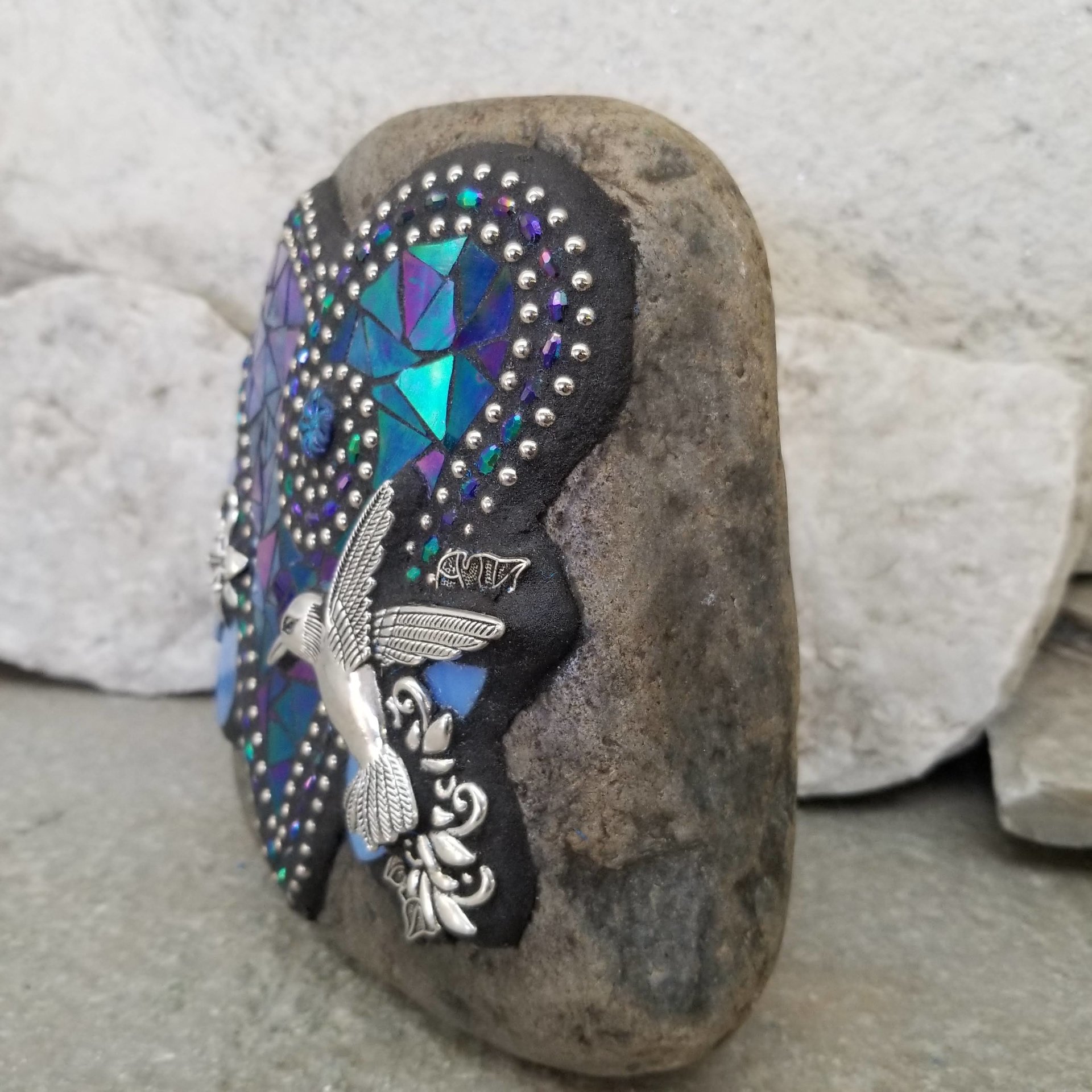 Iridescent Blue Heart,  Mosaic  Garden Stone, Hummingbird