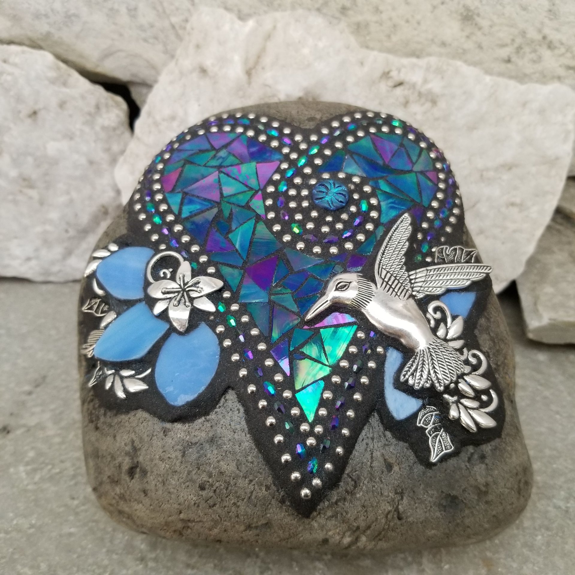 Iridescent Blue Heart,  Mosaic  Garden Stone, Hummingbird