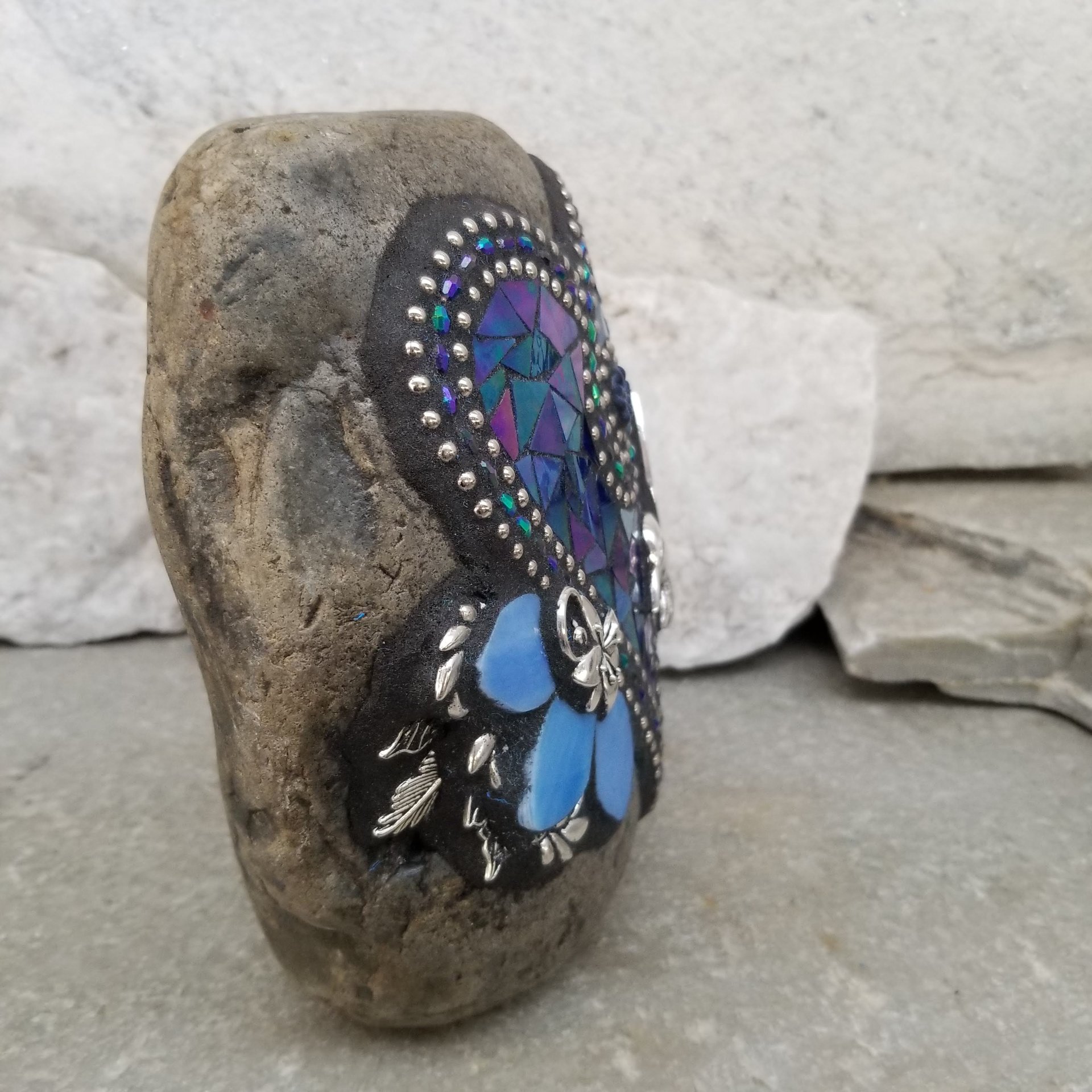 Iridescent Blue Heart,  Mosaic  Garden Stone, Hummingbird