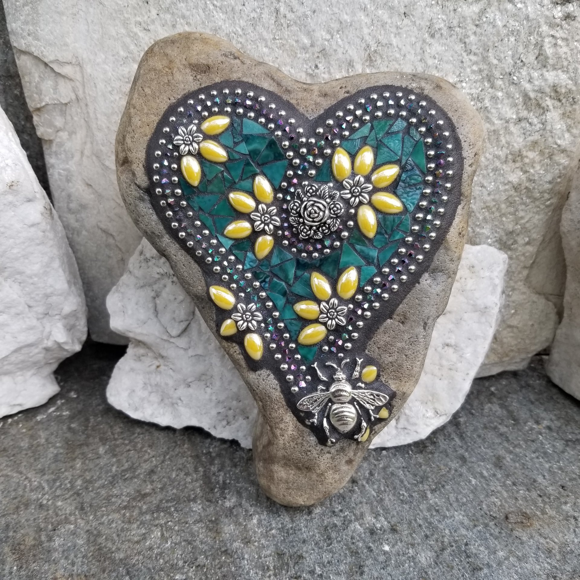 Dark Teal Green Mosaic Heart Garden Stone, Mosaic Garden Decor Yellow Flowers