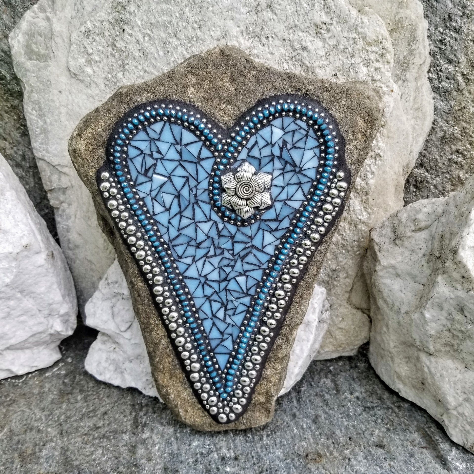 Light Blue Heart with Rose, Garden Stone, Mosaic, Garden Decor