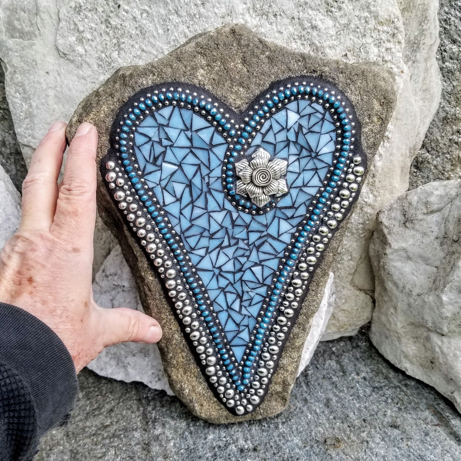 Light Blue Heart with Rose, Garden Stone, Mosaic, Garden Decor