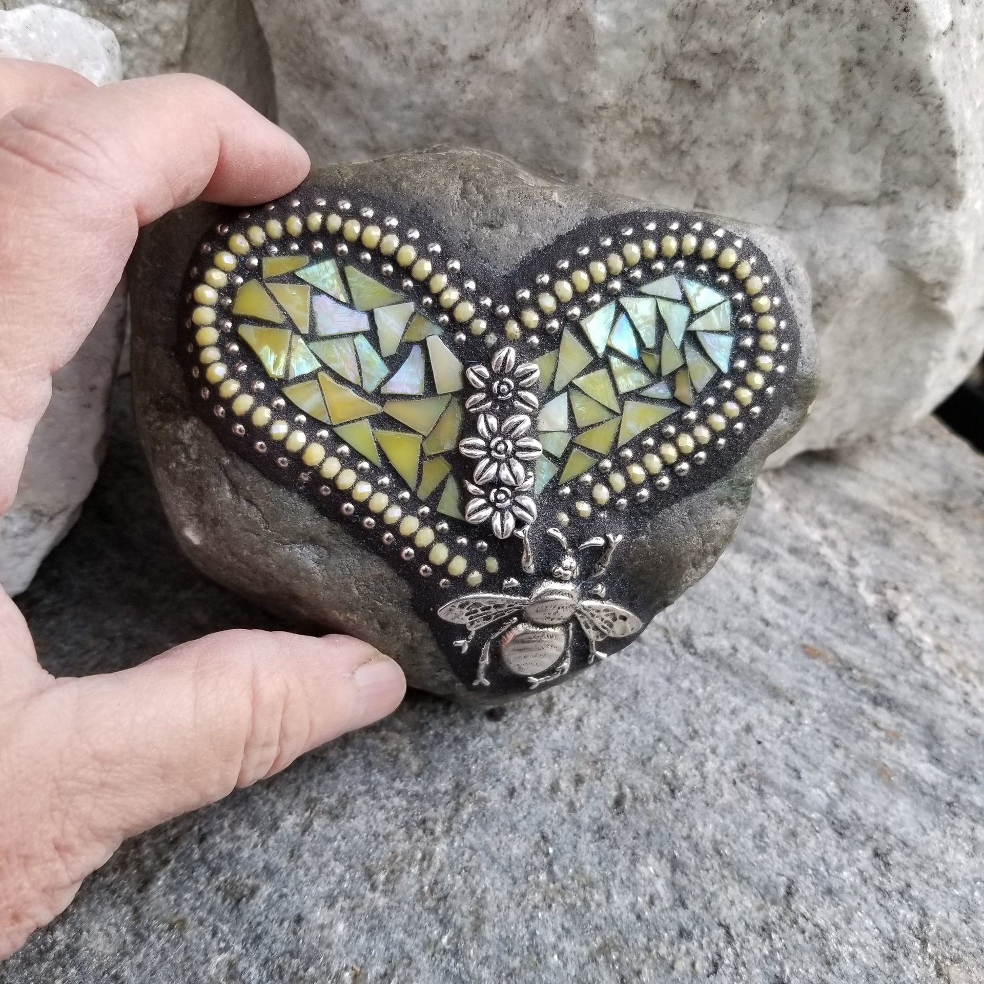 Iridescent Yellow Bee Heart, Mosaic Paperweight / Garden Stone