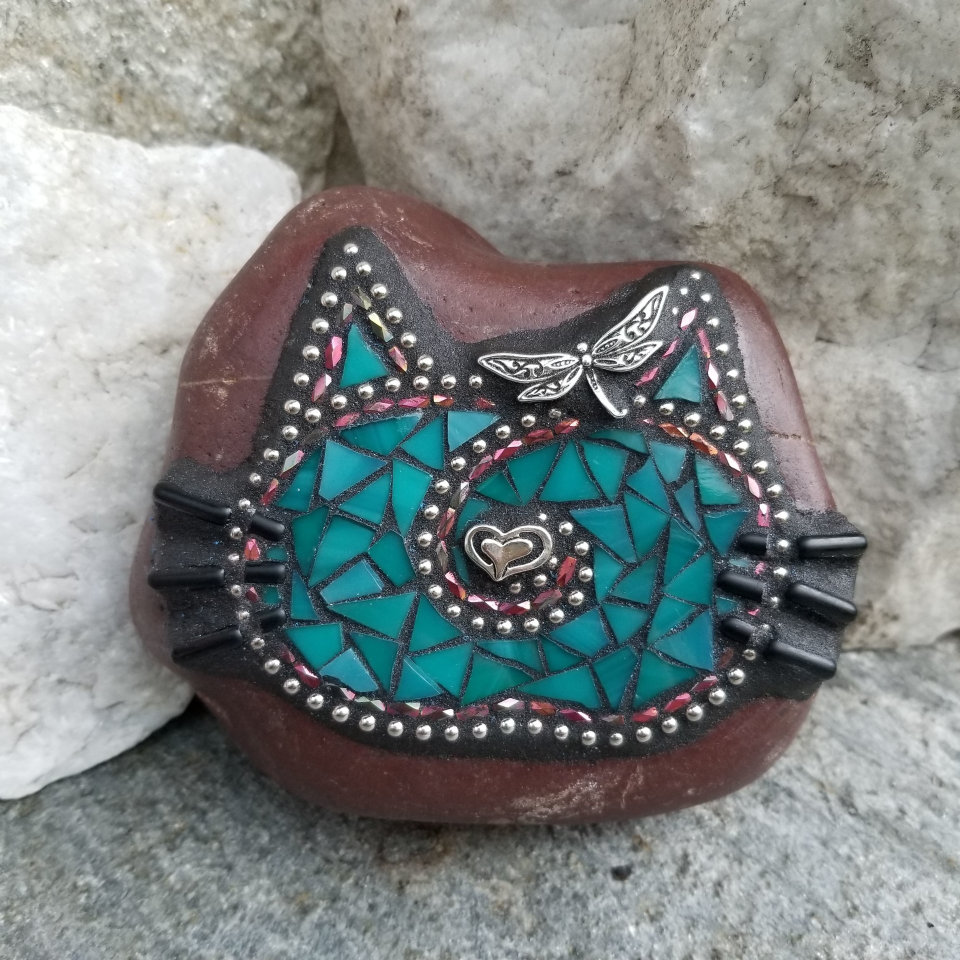 Teal Cat Face, Mosaic Paperweight / Pet Garden Stone