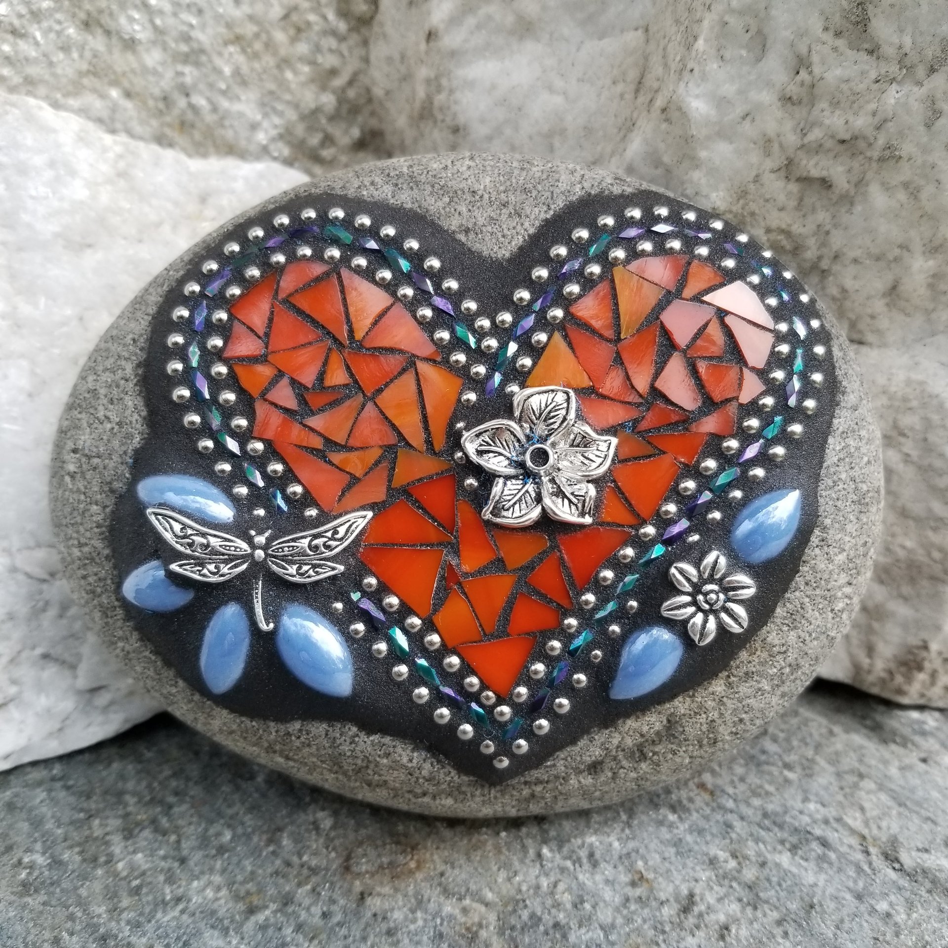 Orange Heart, Mosaic Paperweight / Garden Stone