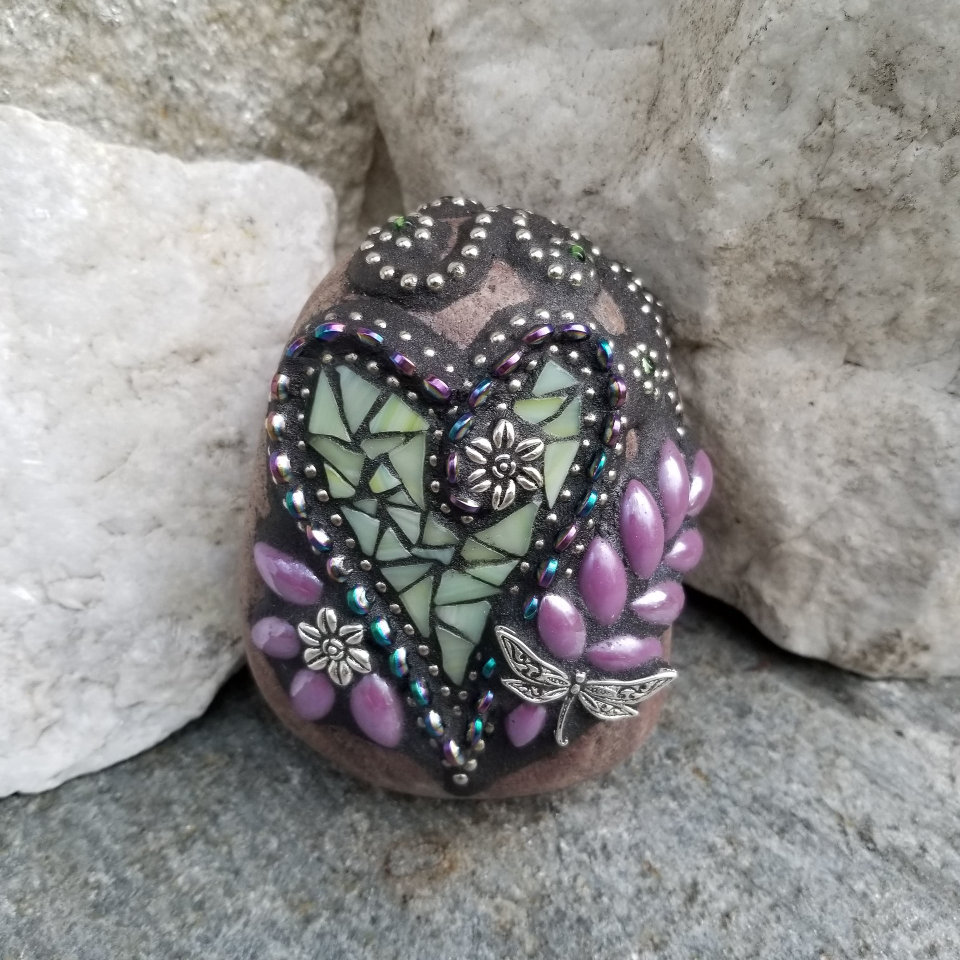 Pale Green Heart Garden Stone, Mosaic, Garden Decor Paperweight