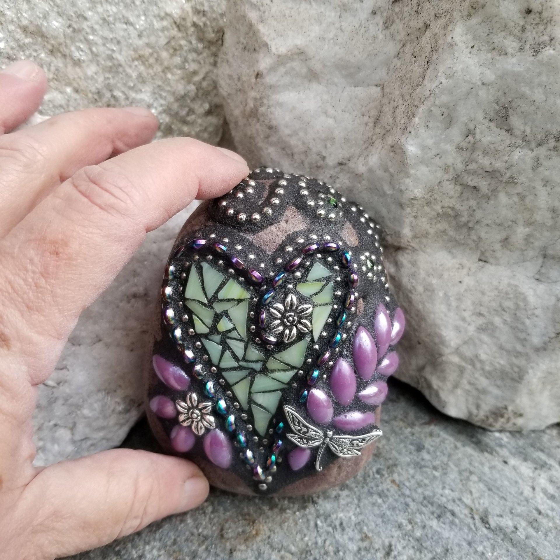 Pale Green Heart Garden Stone, Mosaic, Garden Decor Paperweight