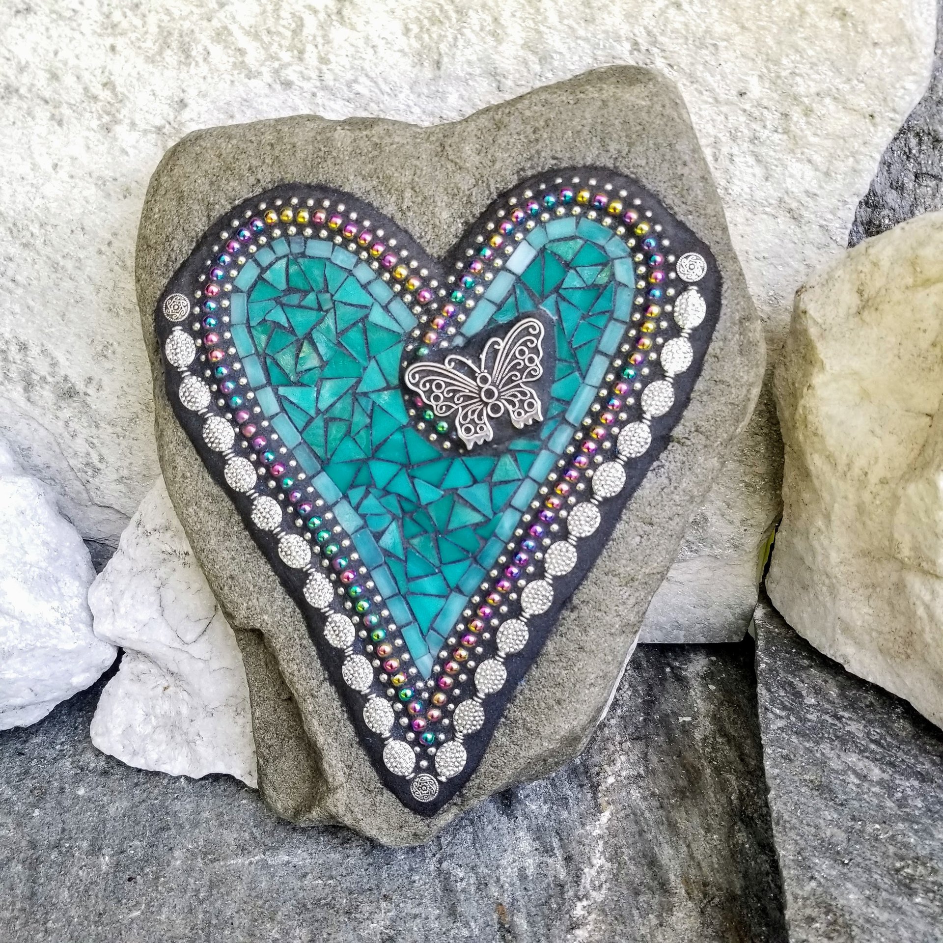 Teal Heart -Mosaic / Garden Stone, Butterfly