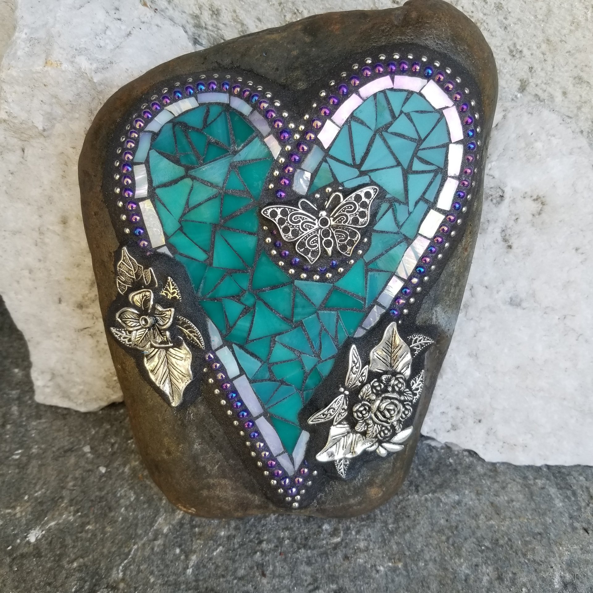 Teal Mosaic Heart Garden Stone, Mosaic Garden Decor