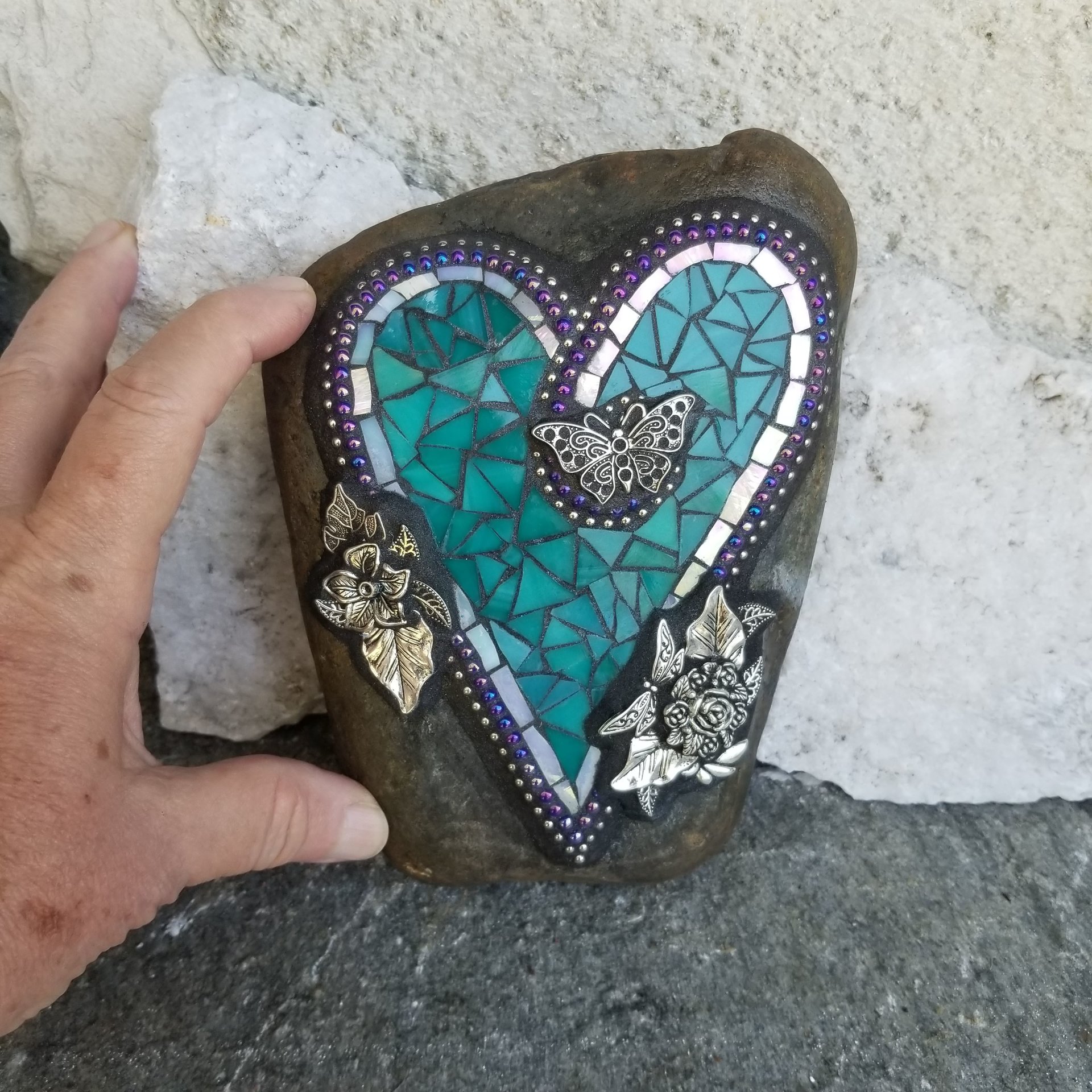 Teal Mosaic Heart Garden Stone, Mosaic Garden Decor