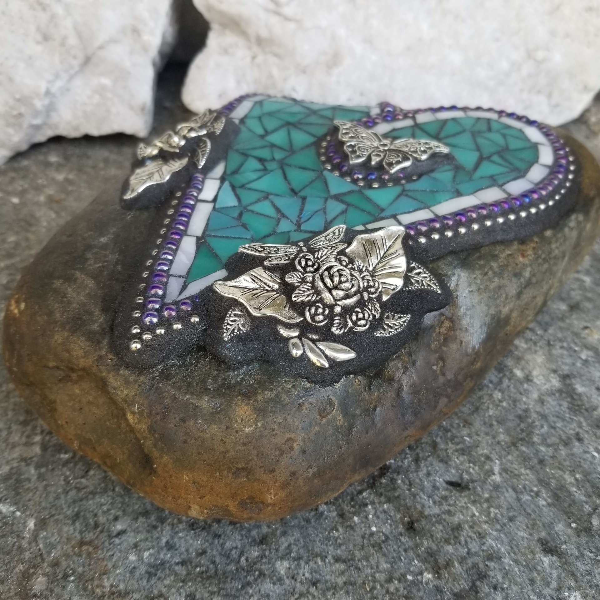 Teal Mosaic Heart Garden Stone, Mosaic Garden Decor