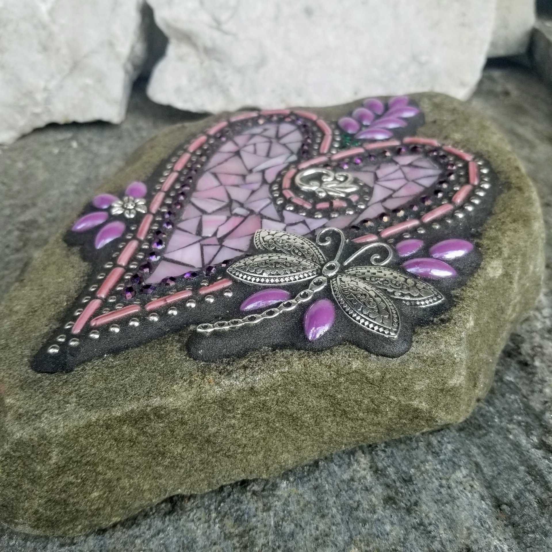 Pink and Purple Flower Mosaic Heart, Garden Stone, Garden Decor