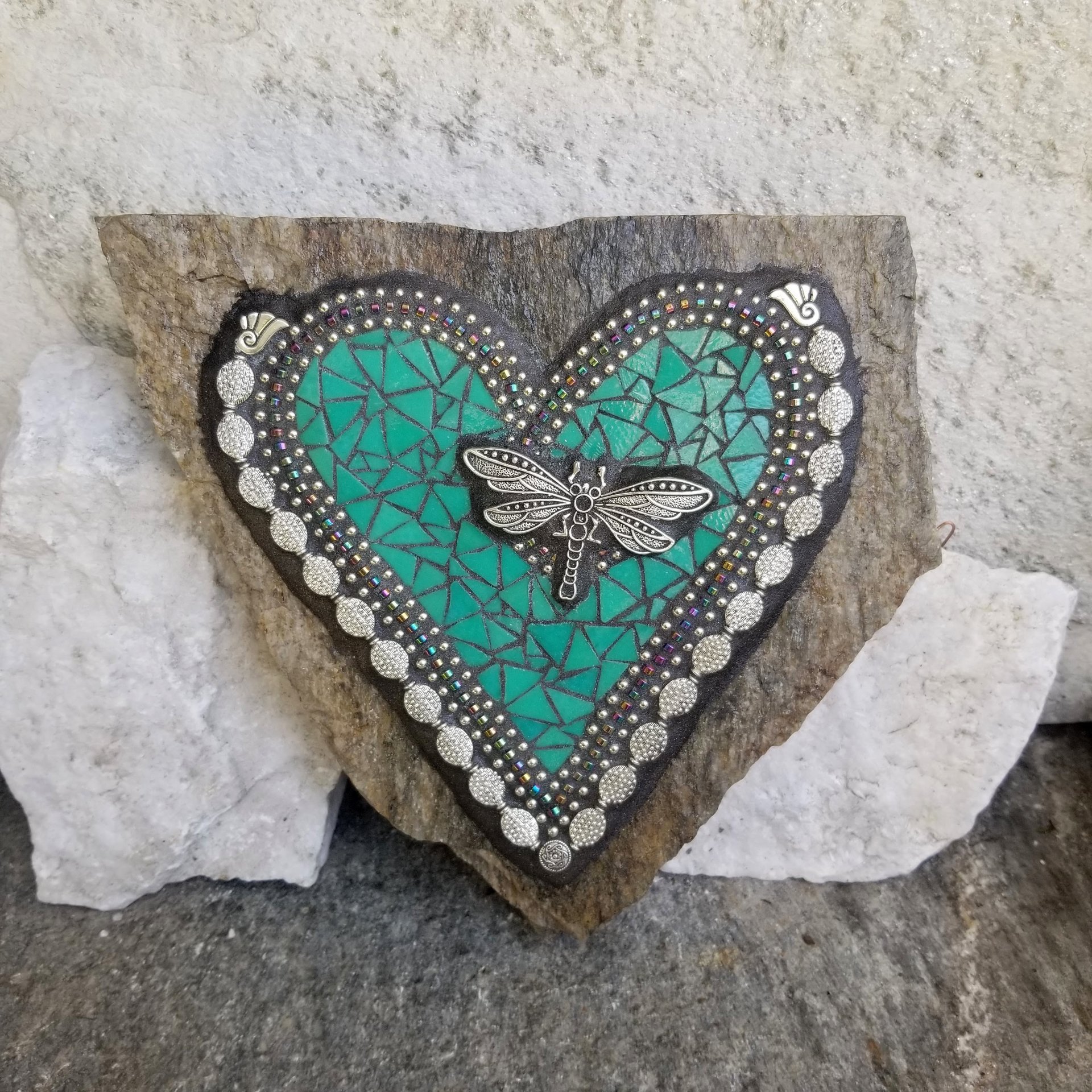 Jade Green Heart -Mosaic / Garden Stone, Dragonfly