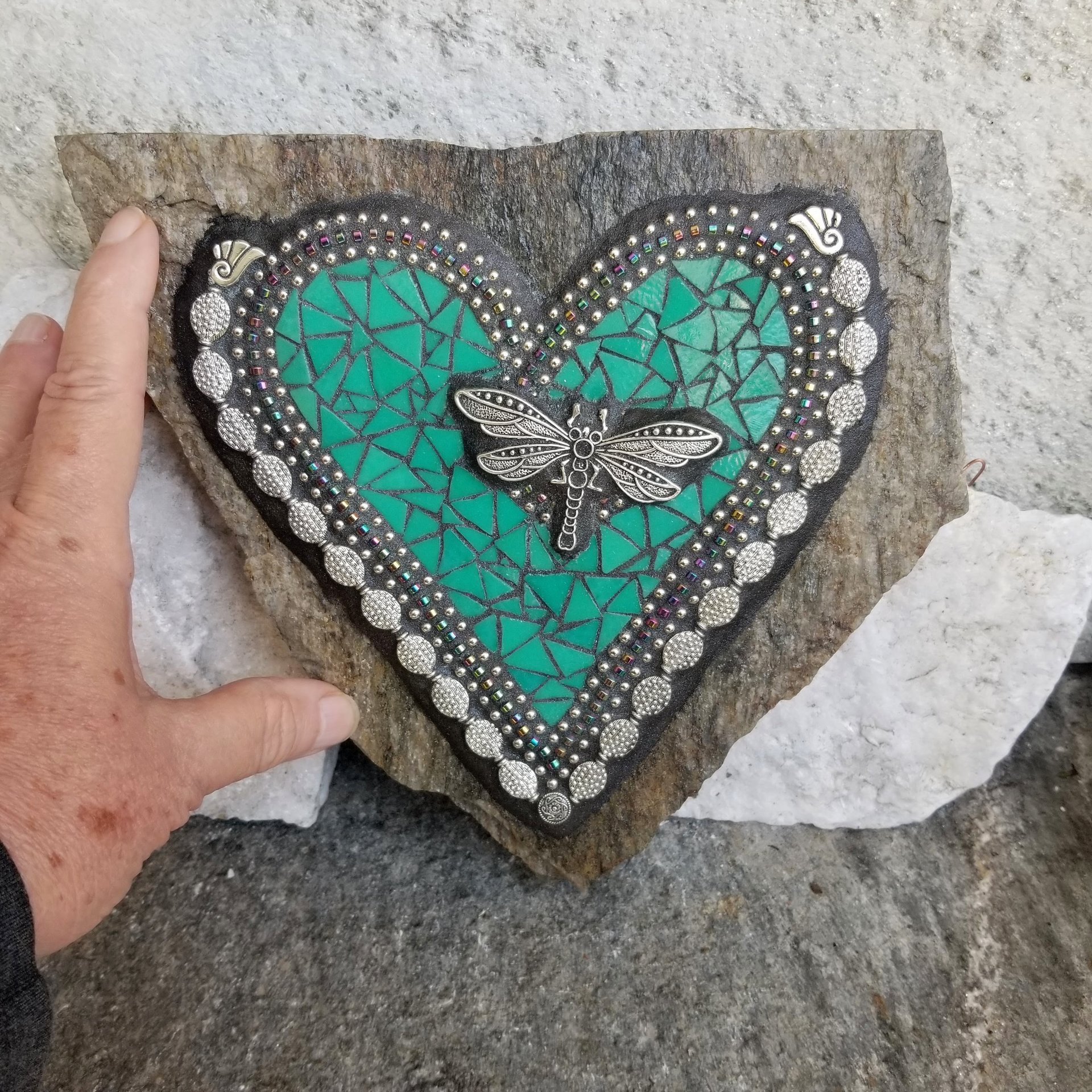 Jade Green Heart -Mosaic / Garden Stone, Dragonfly