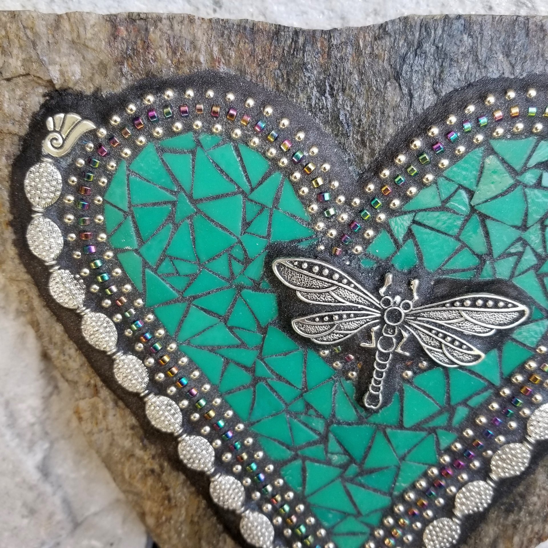 Jade Green Heart -Mosaic / Garden Stone, Dragonfly
