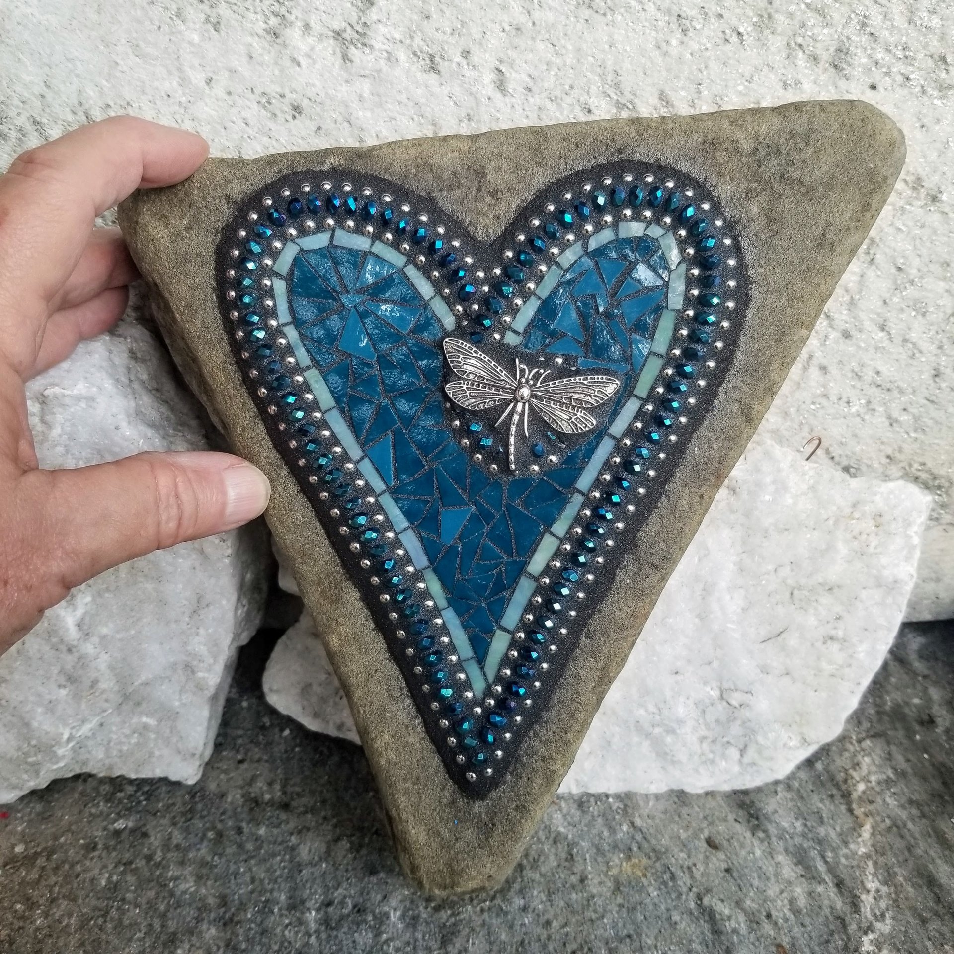 Dark Blue Heart Garden Stone, Mosaic, Garden Decor