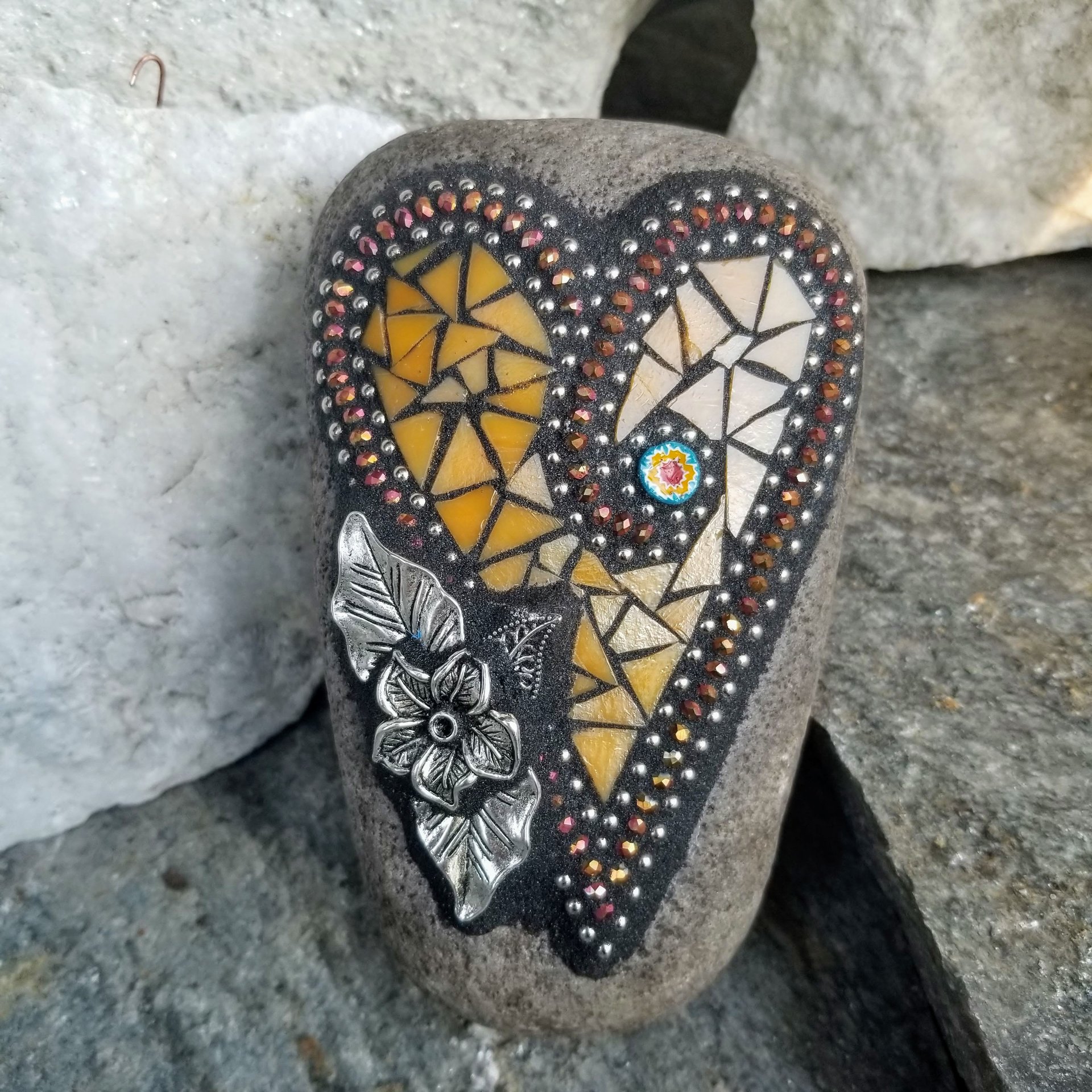 Orange Heart Garden Stone, Mosaic, Garden Decor Paperweight