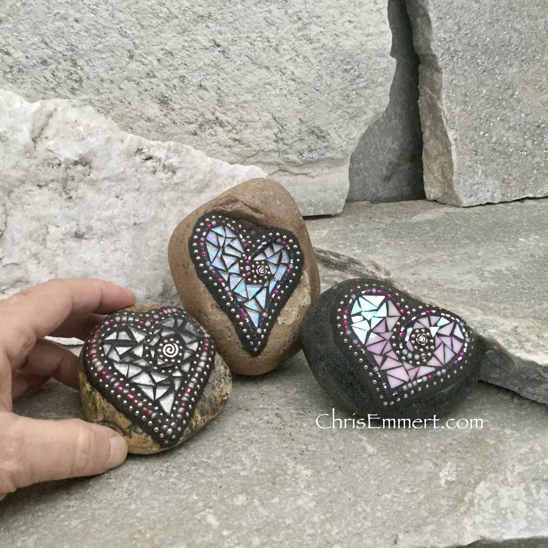 Iridescent White Garden Stone/Paperweights #5 Group Mosaic Heart, Mosaic Rock, Mosaic Garden Stone, Home Decor, Gardening, Gardening Gift,