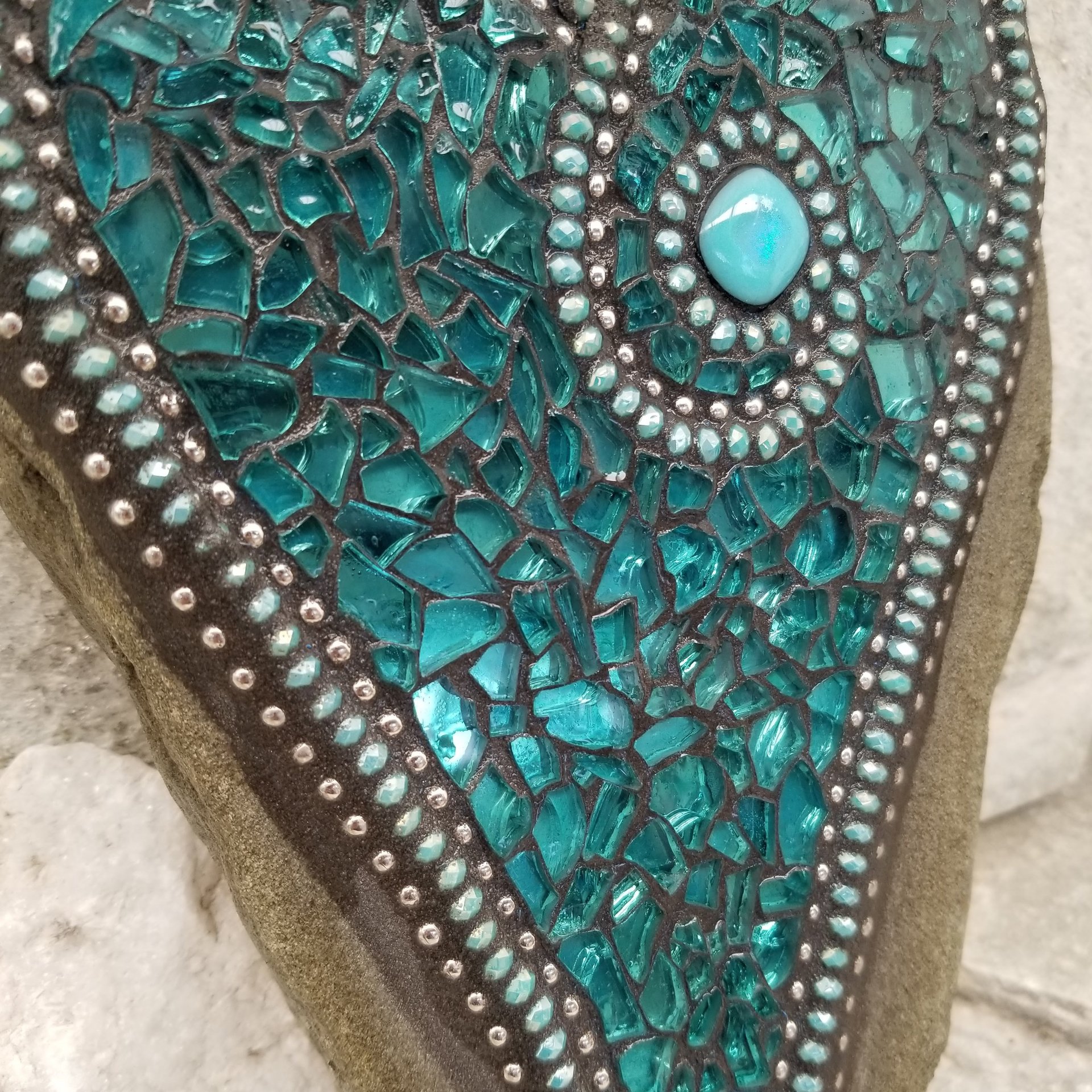 Mirrored Aquamarine Mosaic Heart,  Mosaic Garden Stone. Gardener Gift