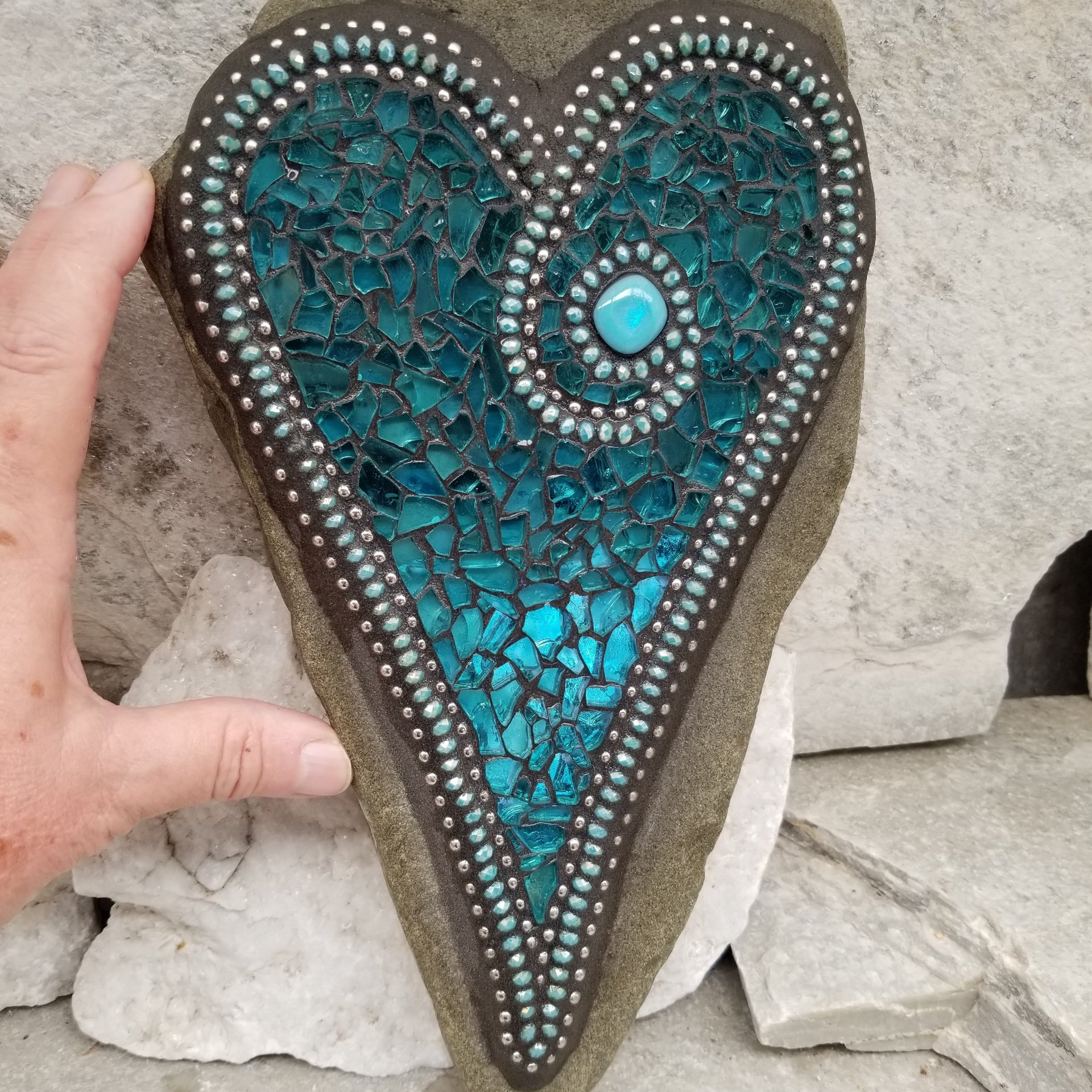 Mirrored Aquamarine Mosaic Heart,  Mosaic Garden Stone. Gardener Gift