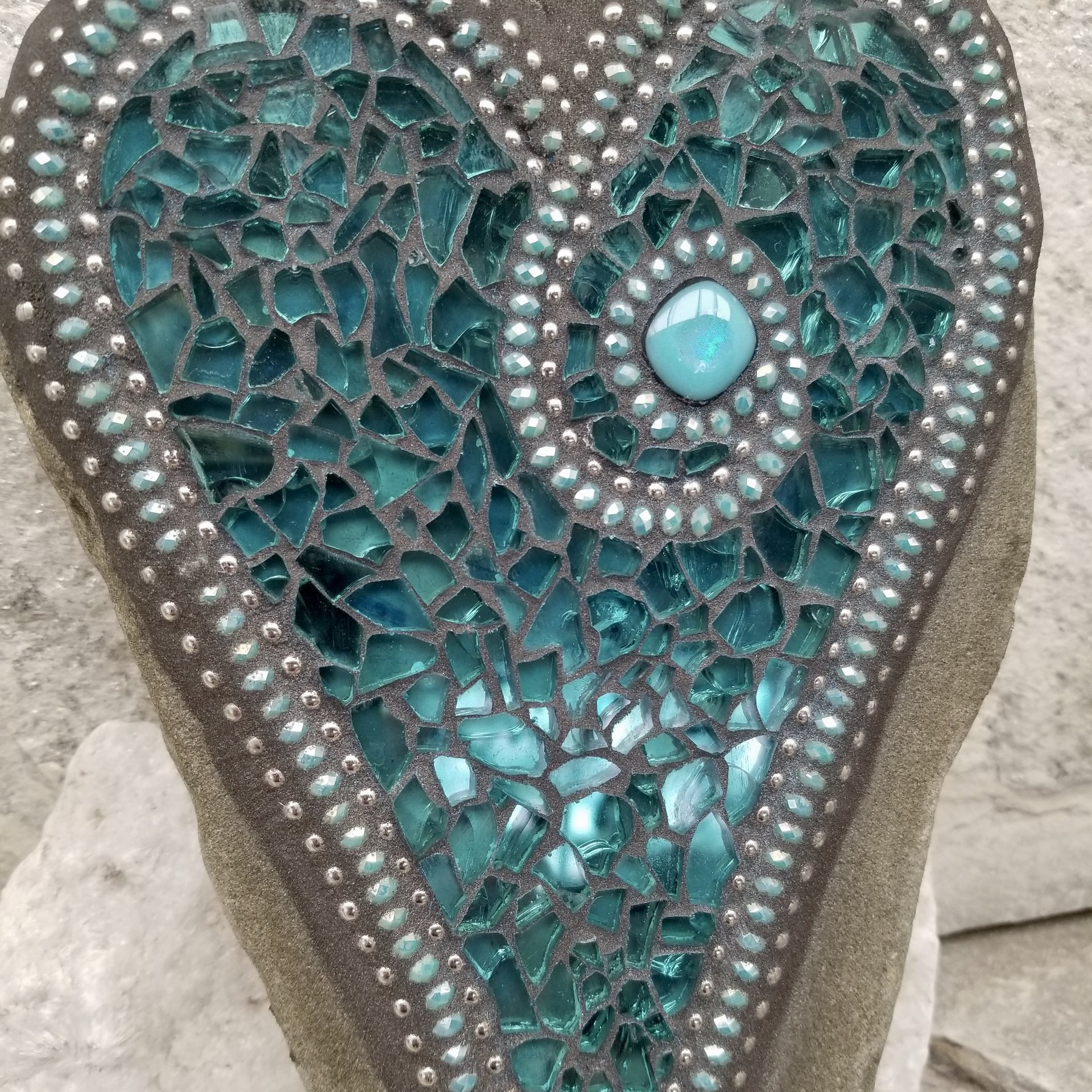 Mirrored Aquamarine Mosaic Heart,  Mosaic Garden Stone. Gardener Gift
