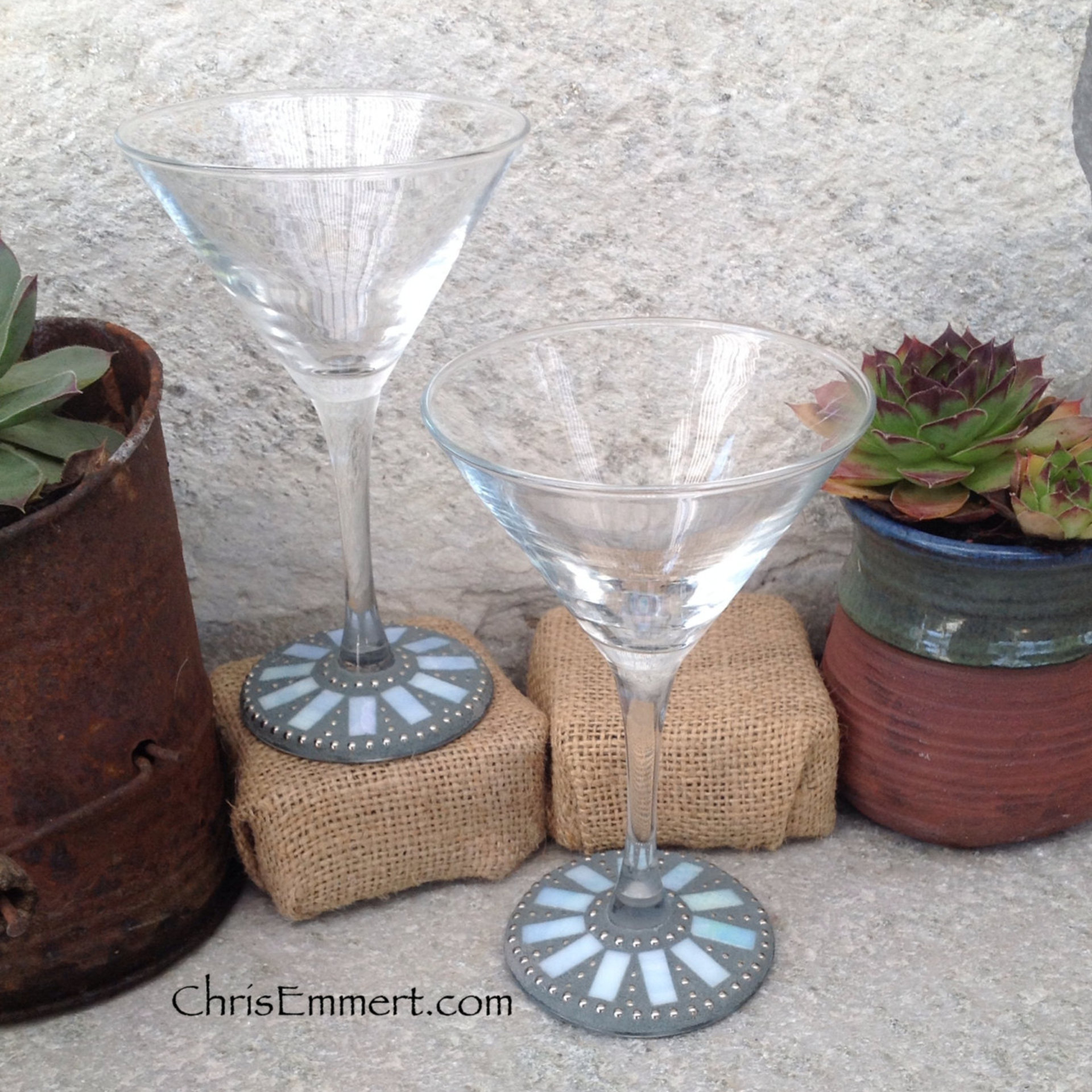 Iridescent Pale Blue and Silver Mosaic Martini Glass Pair