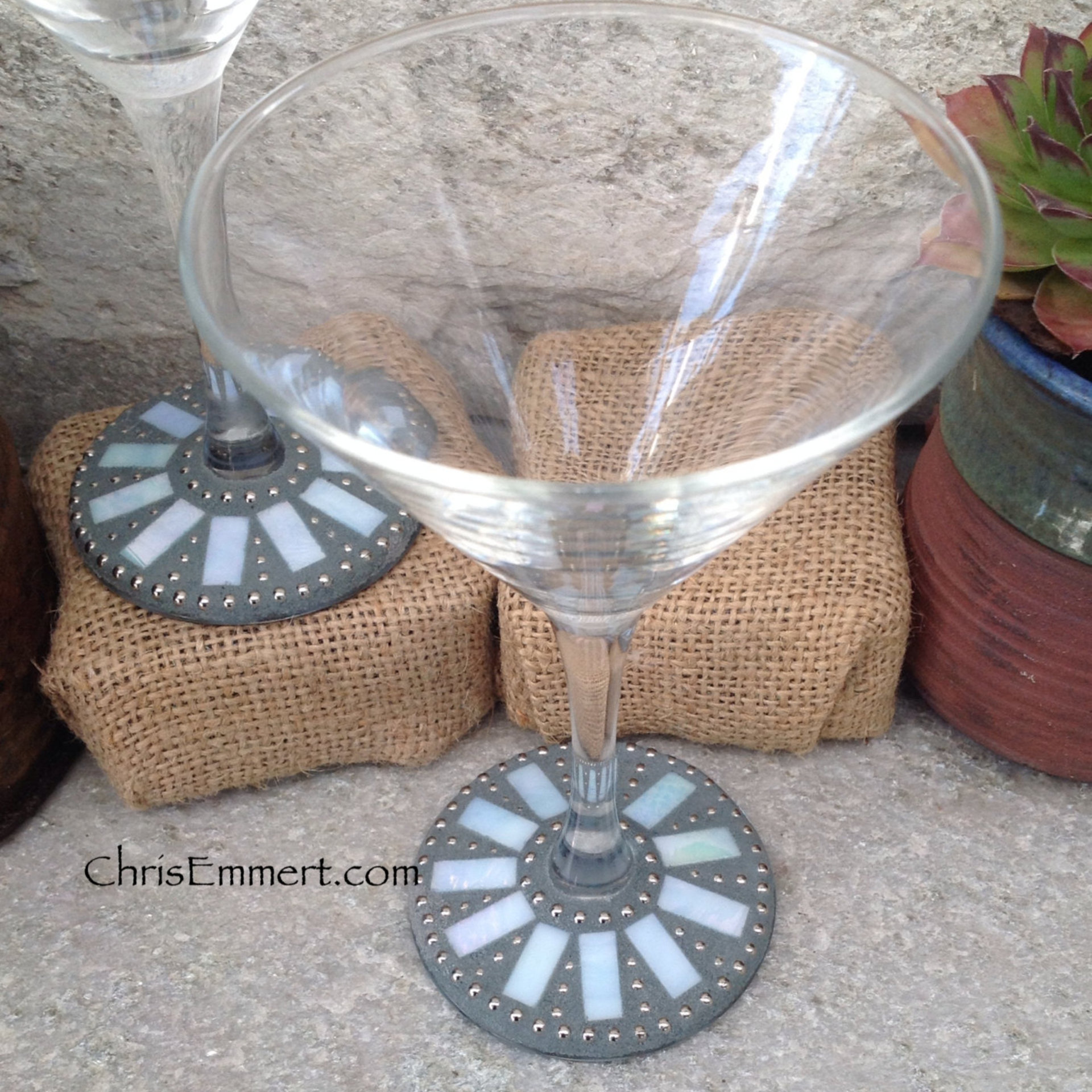 Iridescent Pale Blue and Silver Mosaic Martini Glass Pair