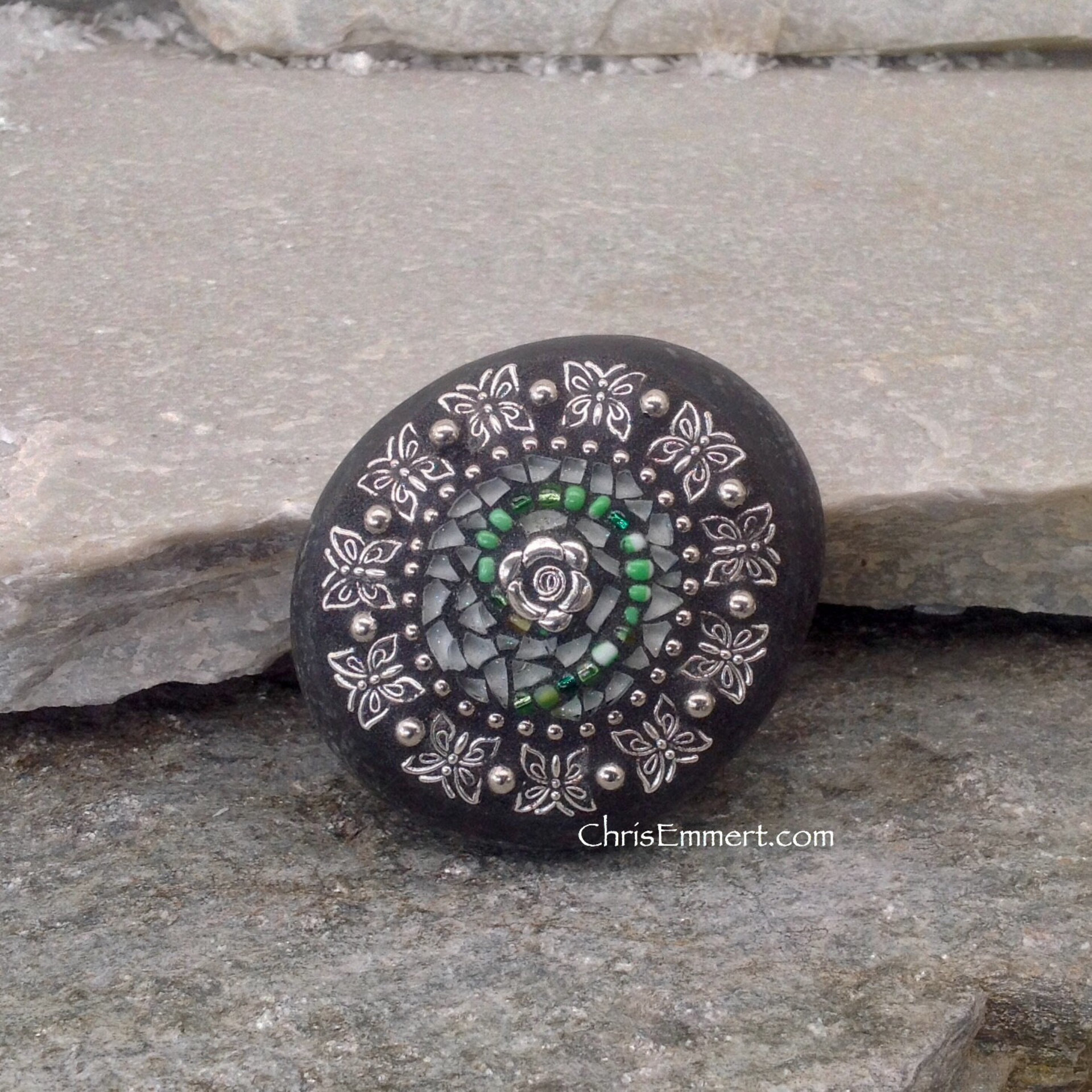 White and Green Circle Swirl - Mosaic Paperweight / Garden Stone