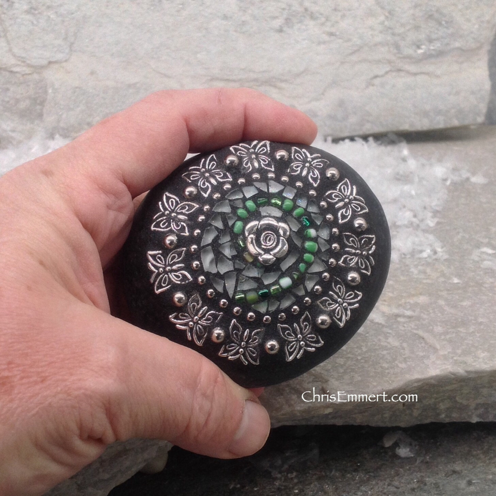 White and Green Circle Swirl - Mosaic Paperweight / Garden Stone