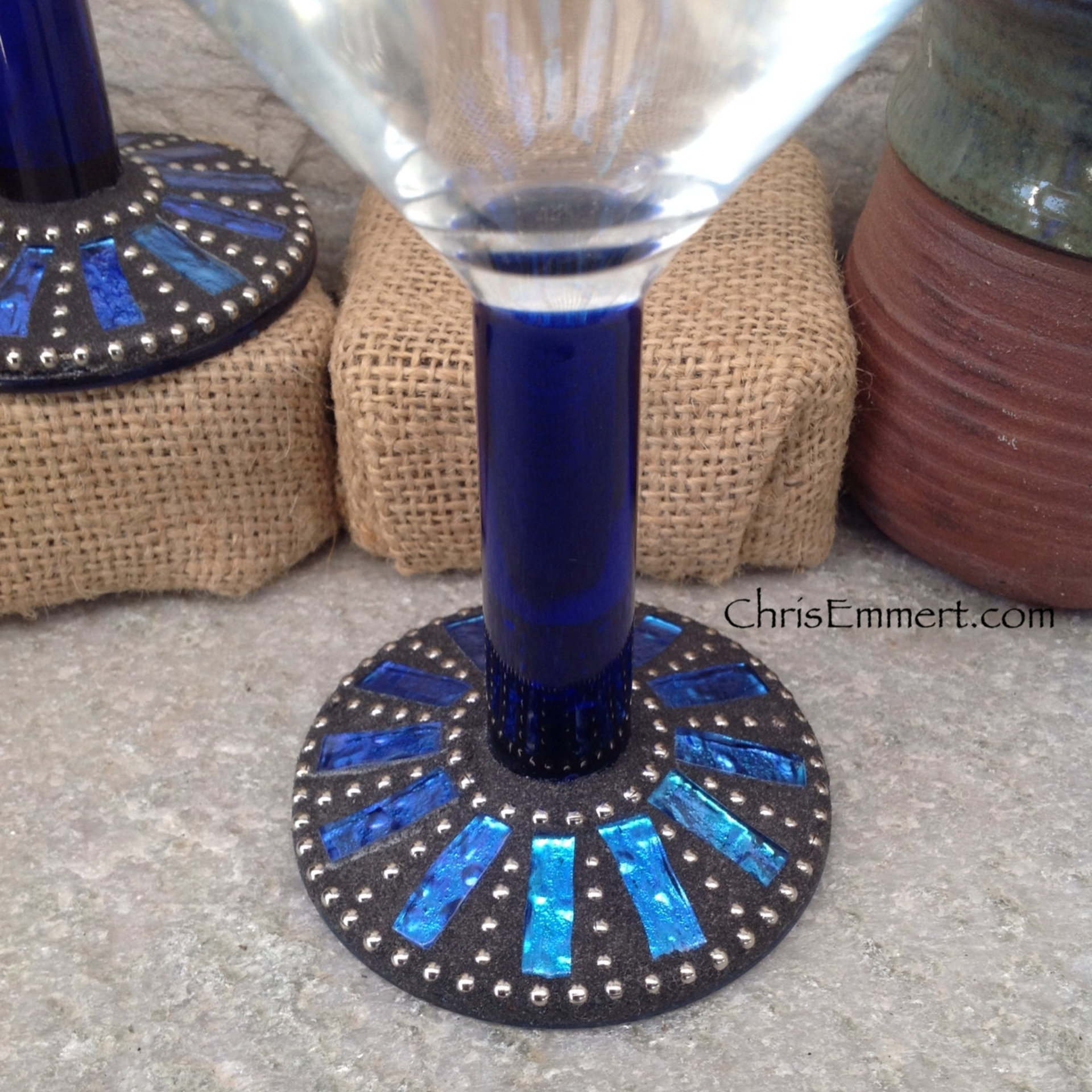 Cobalt Blue and Gold Mosaic Martini Glass Pair