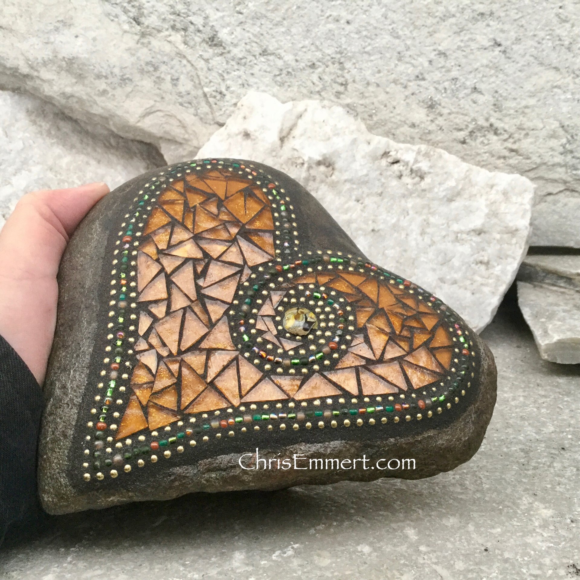 Amber/Gold Mosaic Heart, Garden Stone, Garden Decor, Home Decor, Gardener Gift