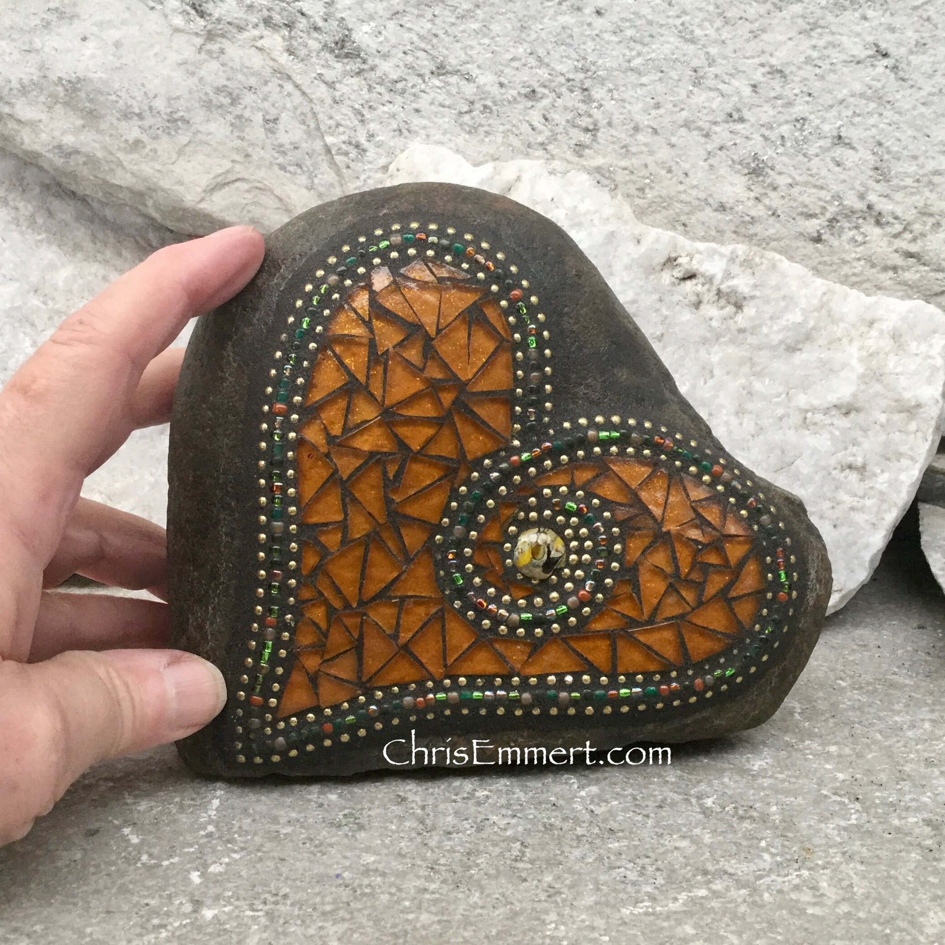 Amber/Gold Mosaic Heart, Garden Stone, Garden Decor, Home Decor, Gardener Gift