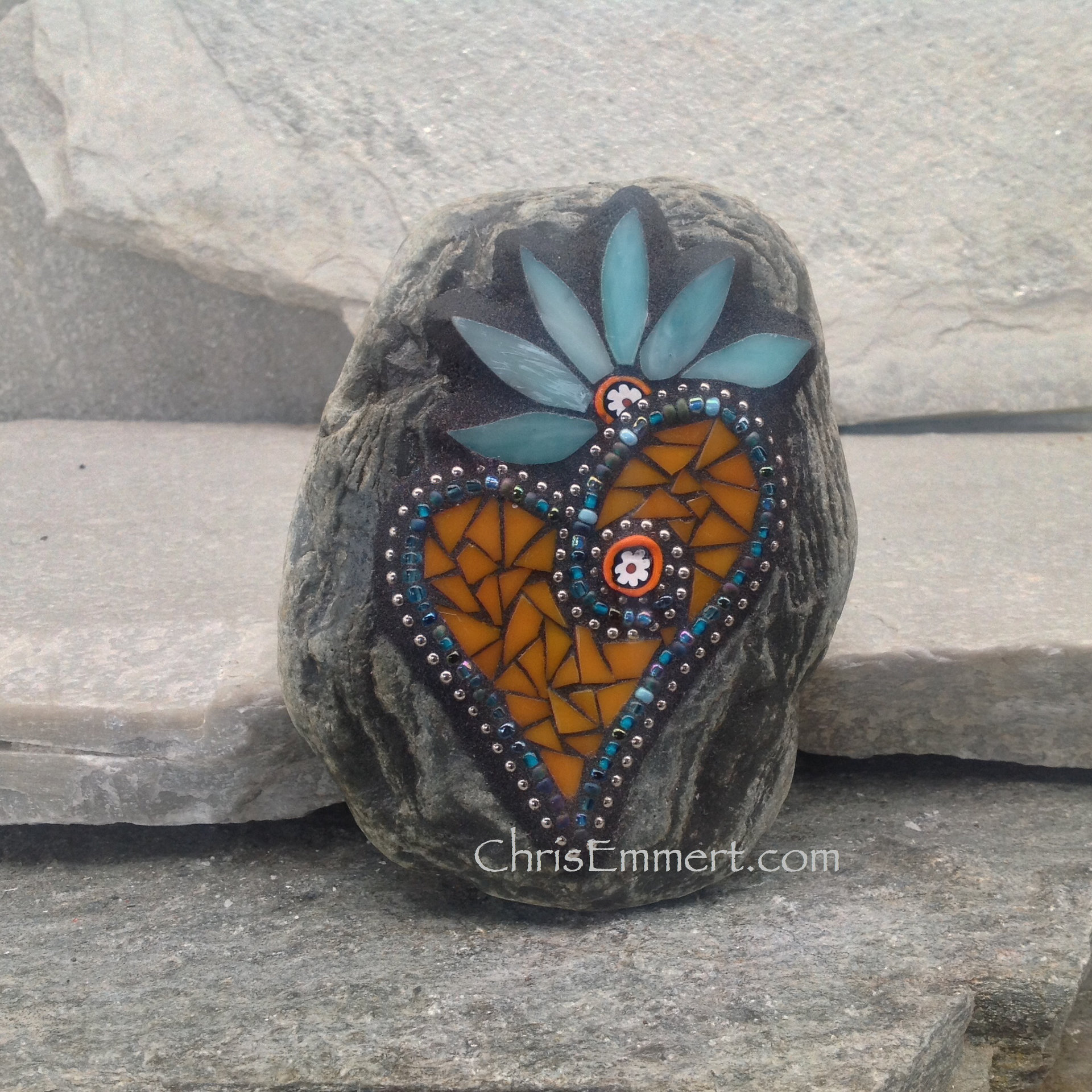 Mosaic Heart, Mosaic Rock, Mosaic Garden Stone, Teal Flower, Orange Heart,  Home Decor, Gardening, Gardening Gift,