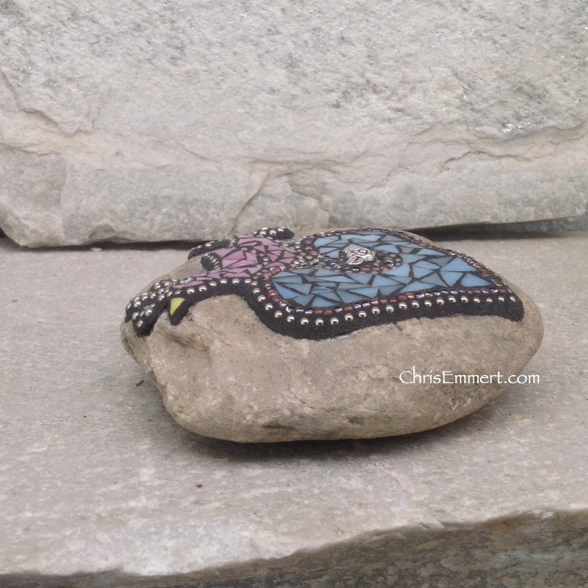 Pink Bird on a Blue Heart Mosaic -Garden Stone