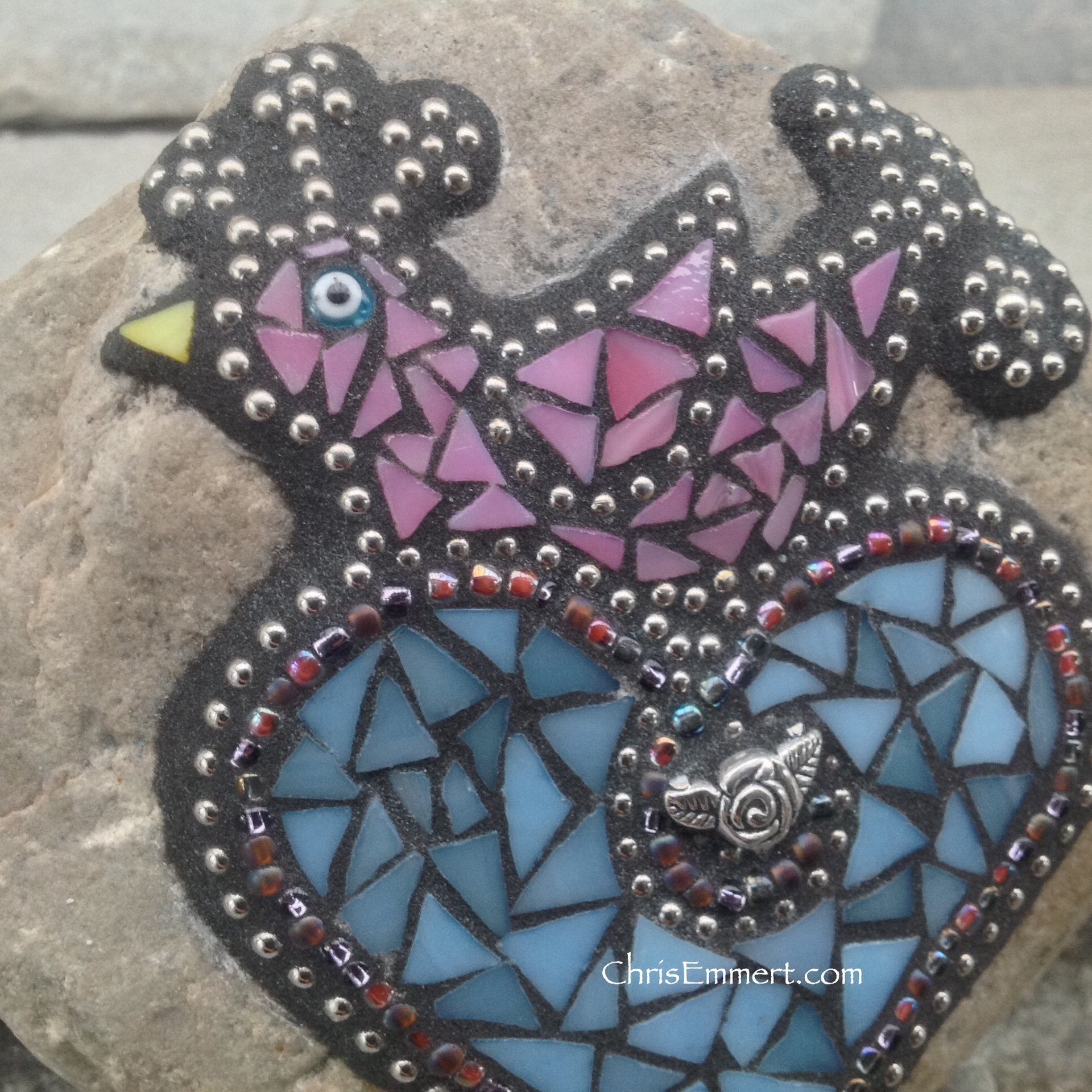 Pink Bird on a Blue Heart Mosaic -Garden Stone