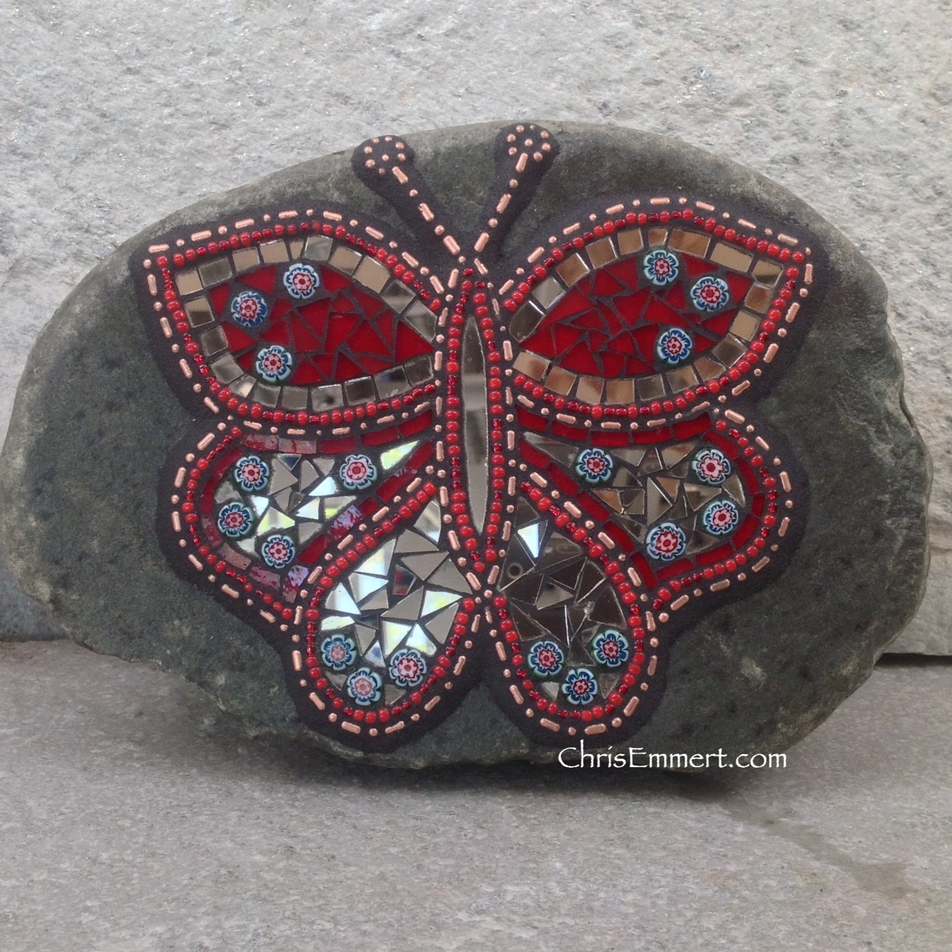 Copper, Red and Bronze Mirror Butterfly Mosaic -Garden Stone