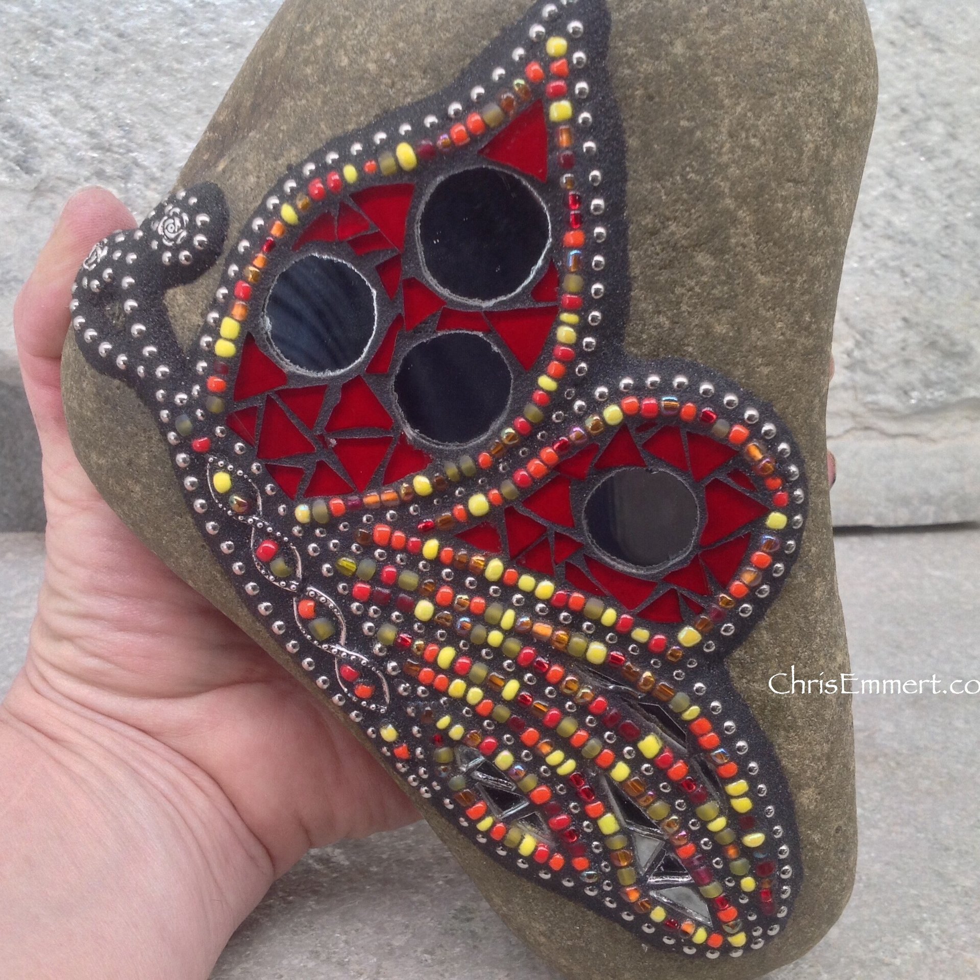 Side View Butterfly Red w/ Mirror Mosaic -Garden Stone