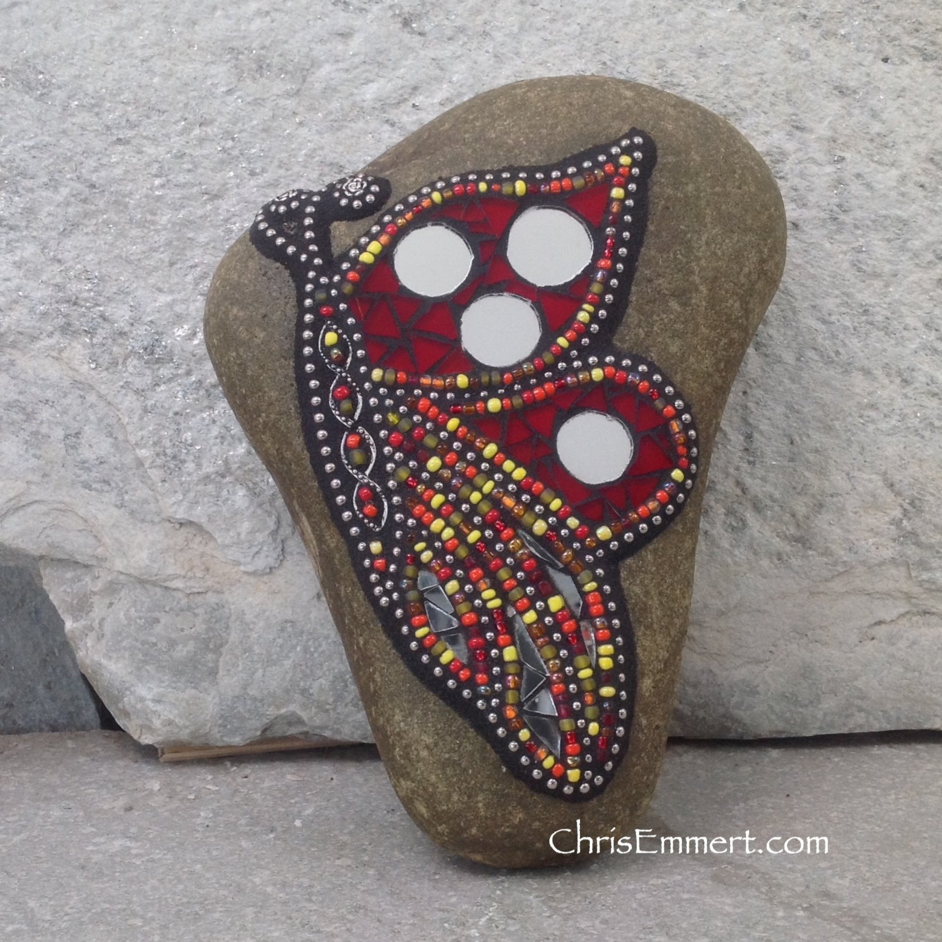 Side View Butterfly Red w/ Mirror Mosaic -Garden Stone