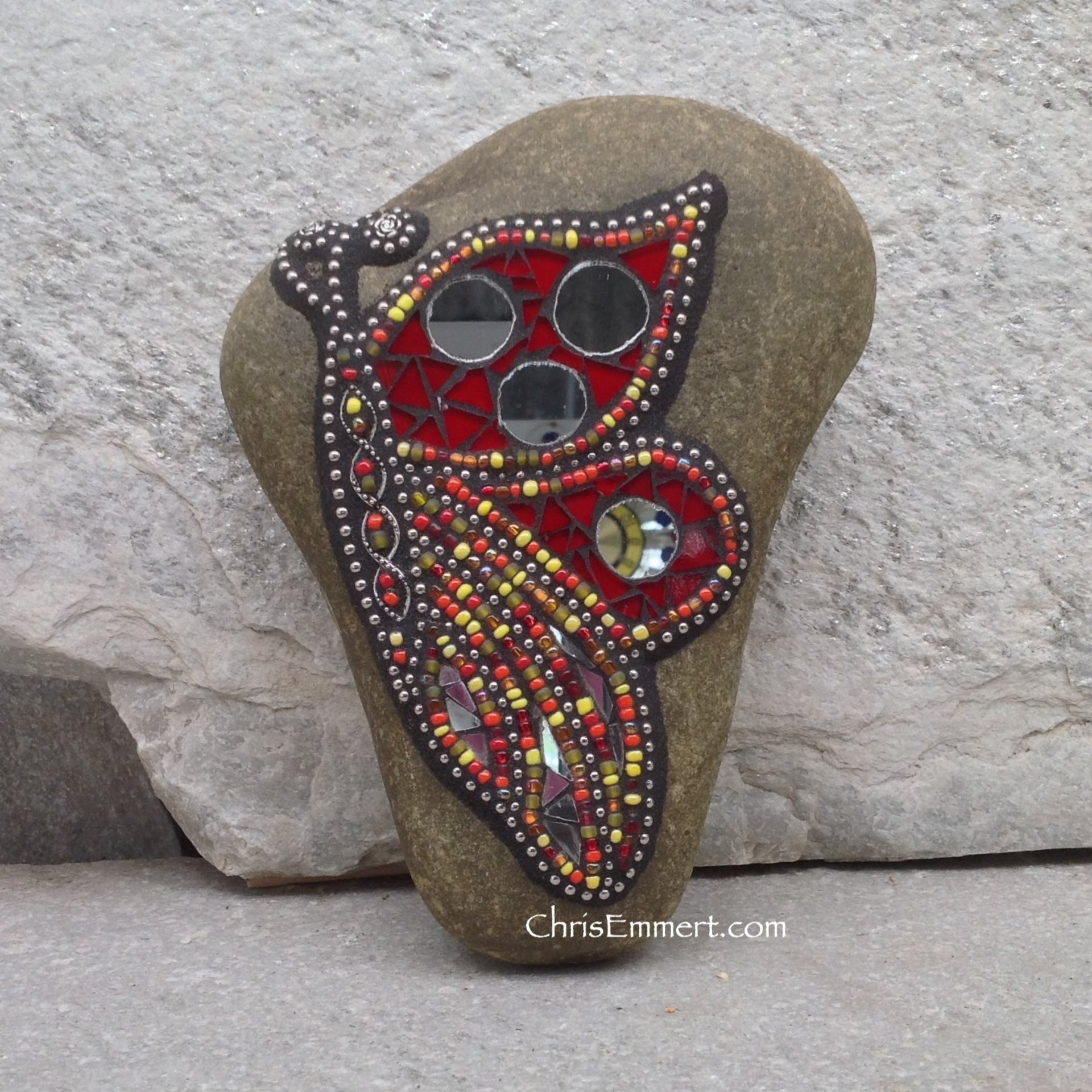 Side View Butterfly Red w/ Mirror Mosaic -Garden Stone